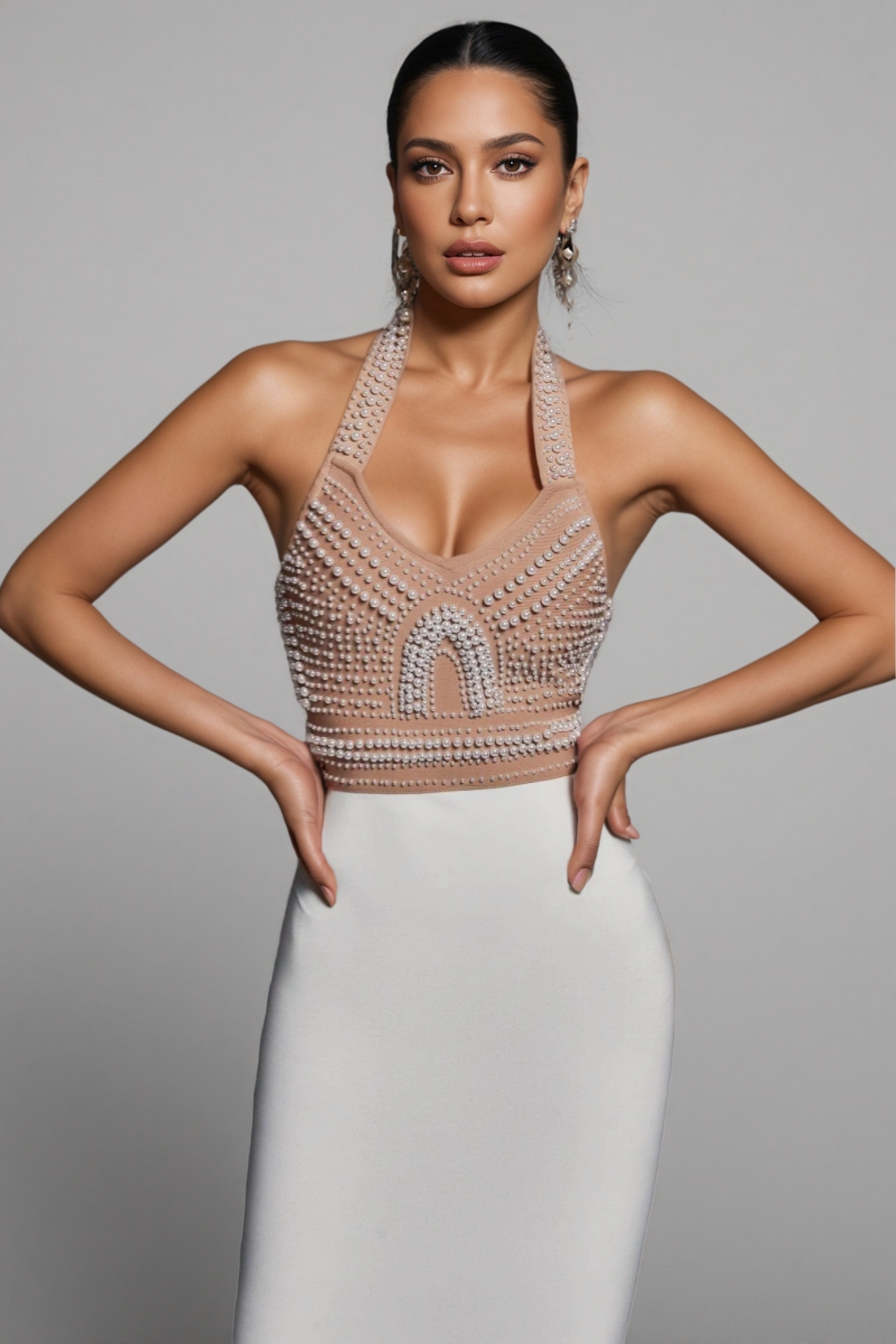 Nerida Pearl Halter Bandage Midi Dress - Beige