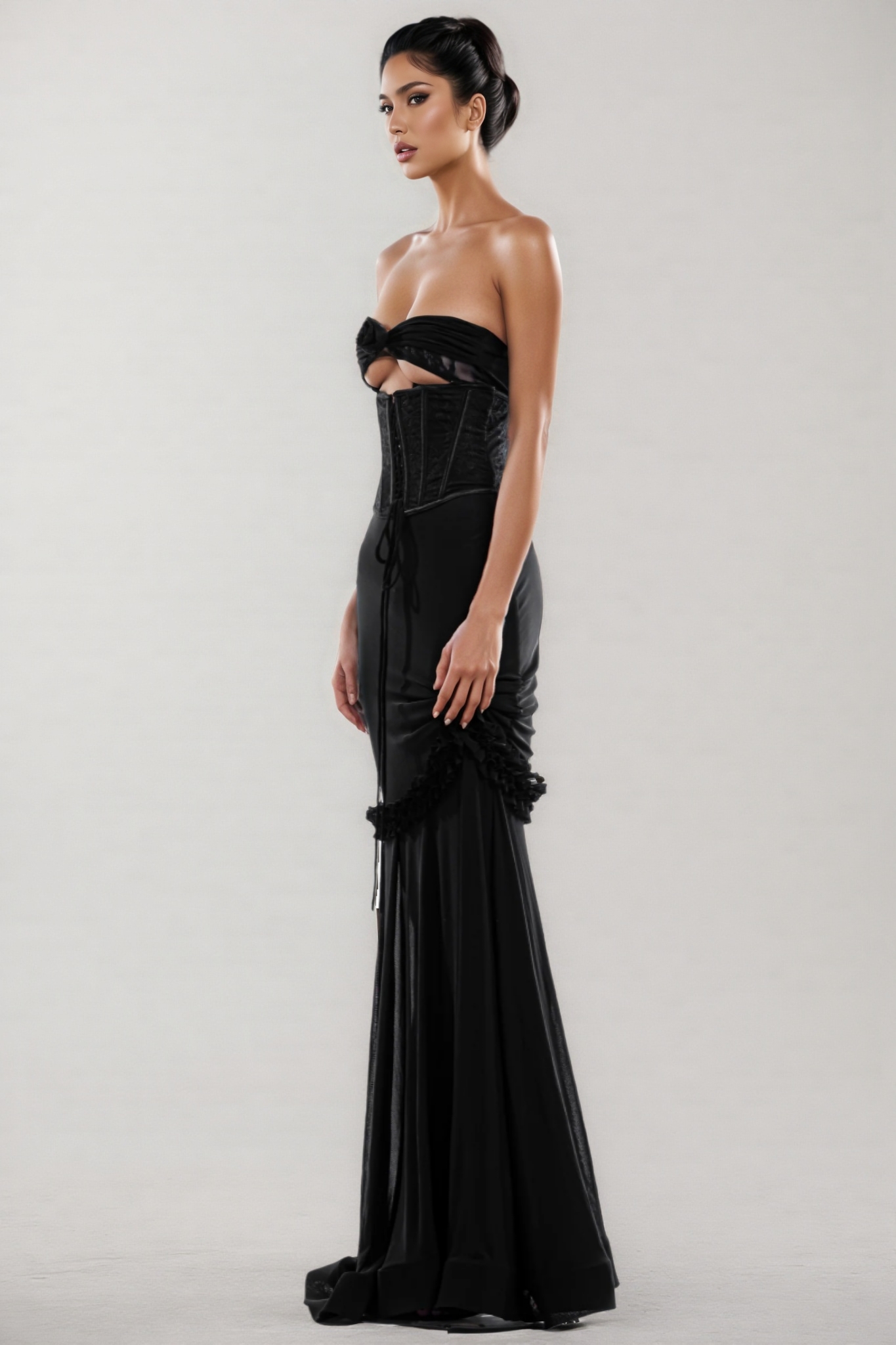 Rykelf Black Embroidered 3D Flower Maxi Dress