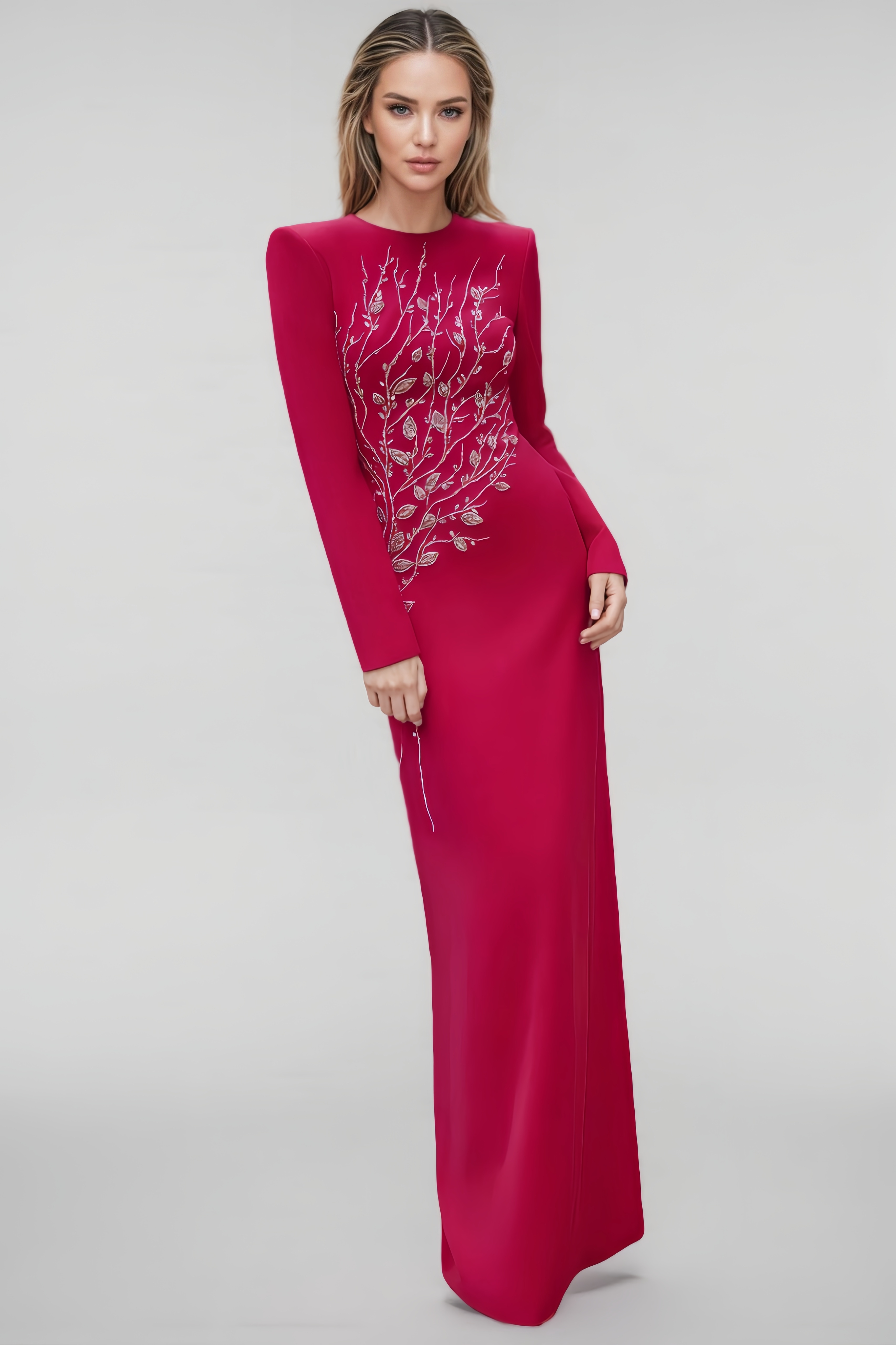 Sama Padded Shoulder Crystal Embellished Maxi Dress