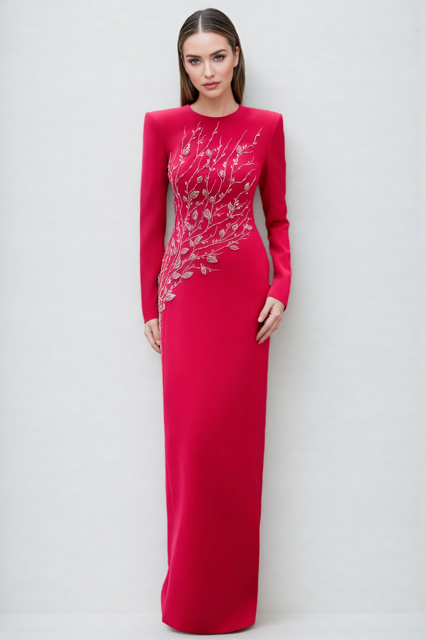 Sama Padded Shoulder Crystal Embellished Maxi Dress