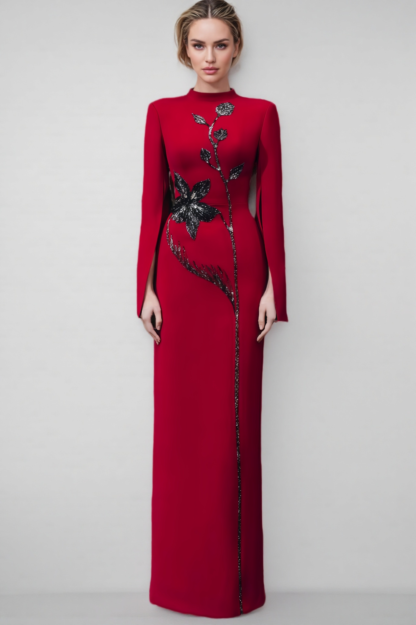 Cape Sleeve Back Slit Maxi Dress