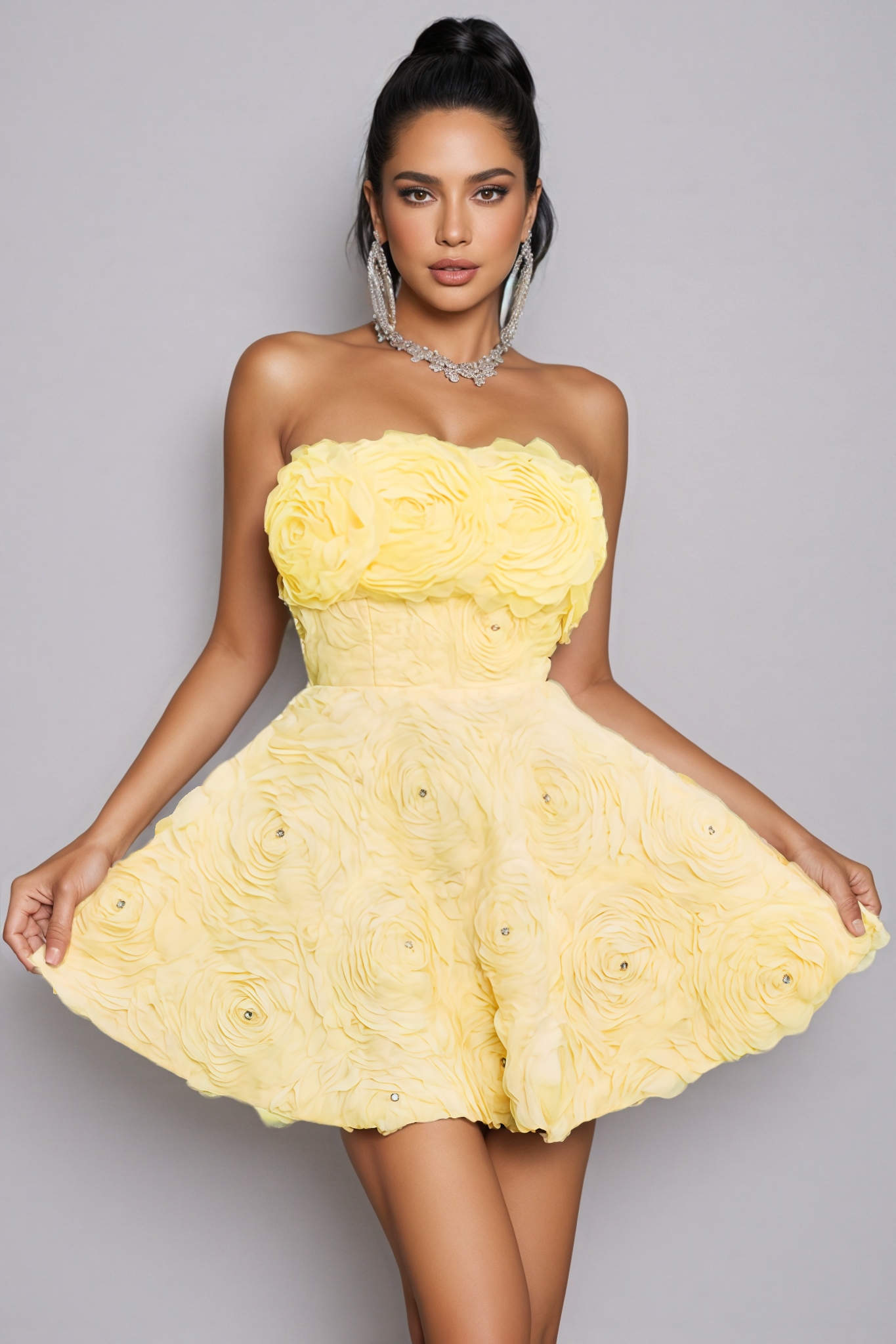 Dazie Yellow Strapless Flower Rhinestone Mini Dress