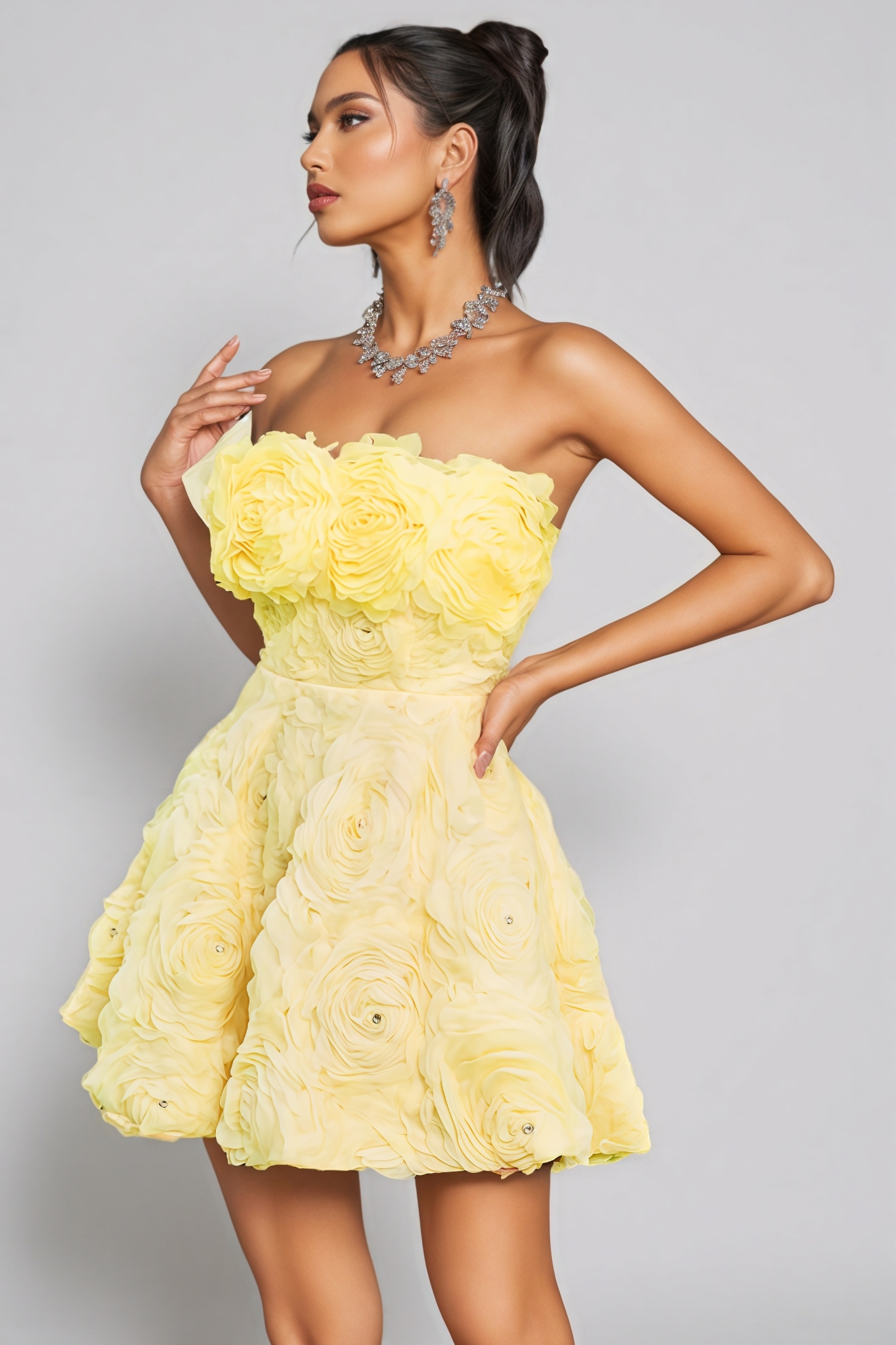 Dazie Yellow Strapless Flower Rhinestone Mini Dress