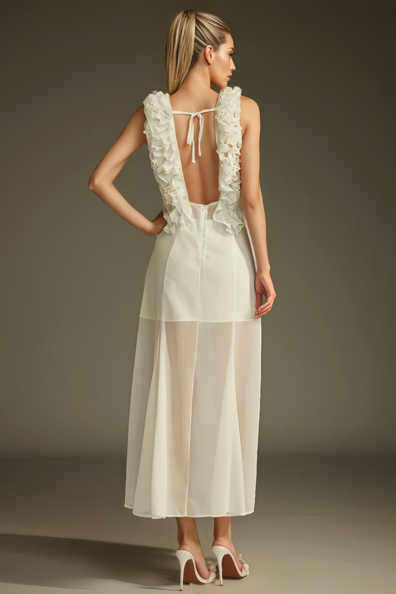 Briony Plunge Neck Ruffle Mesh Midi Dress