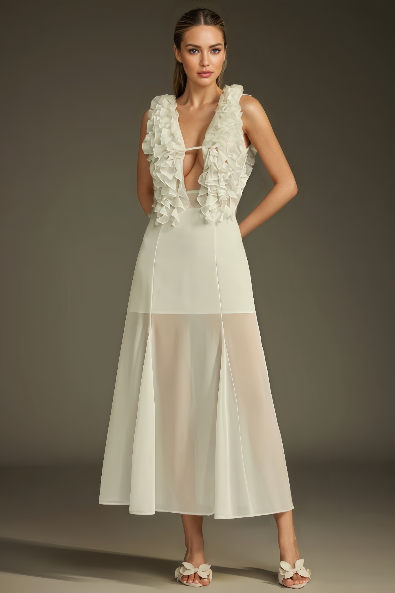 Briony Plunge Neck Ruffle Mesh Midi Dress