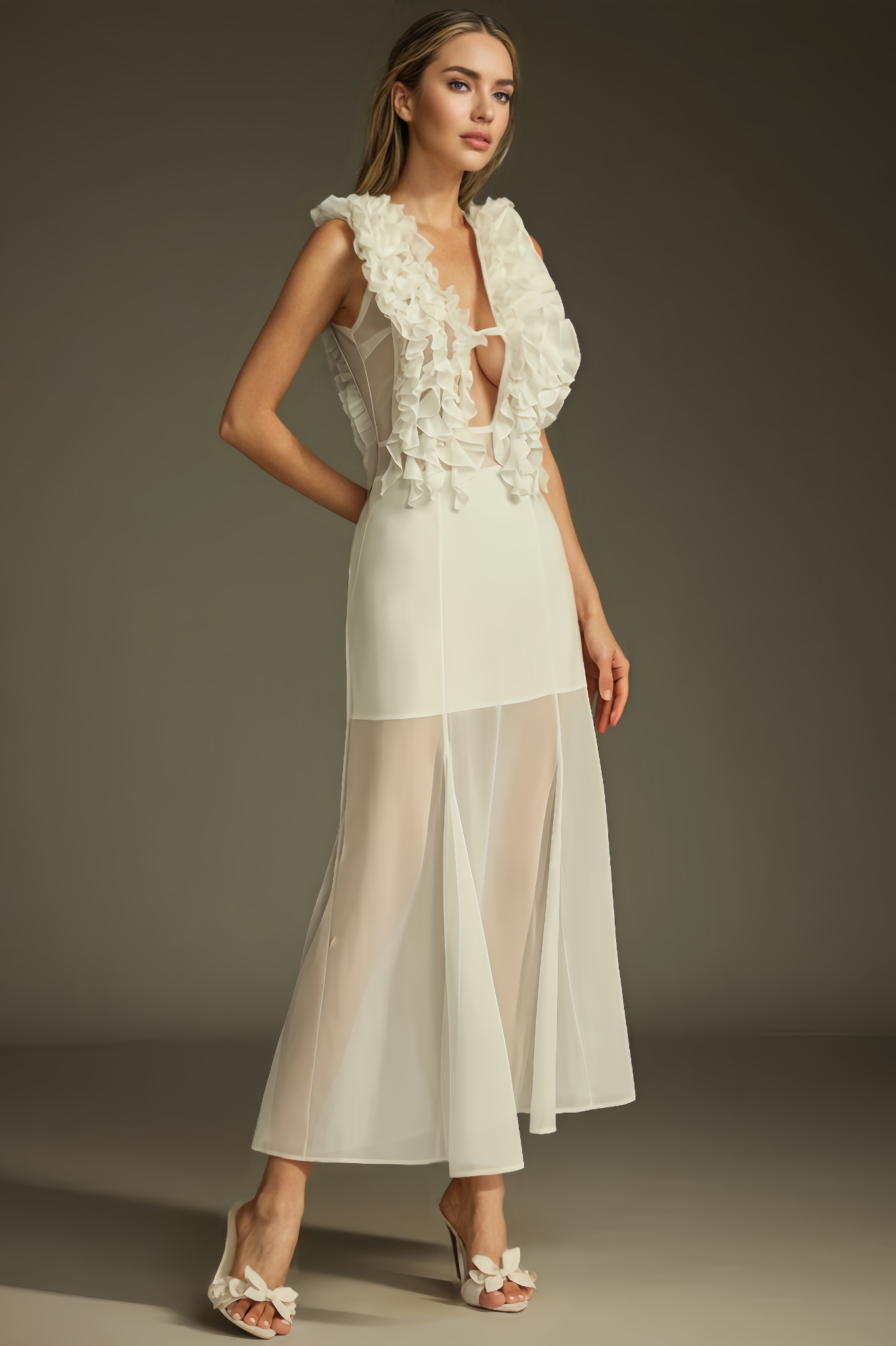 Briony Plunge Neck Ruffle Mesh Midi Dress