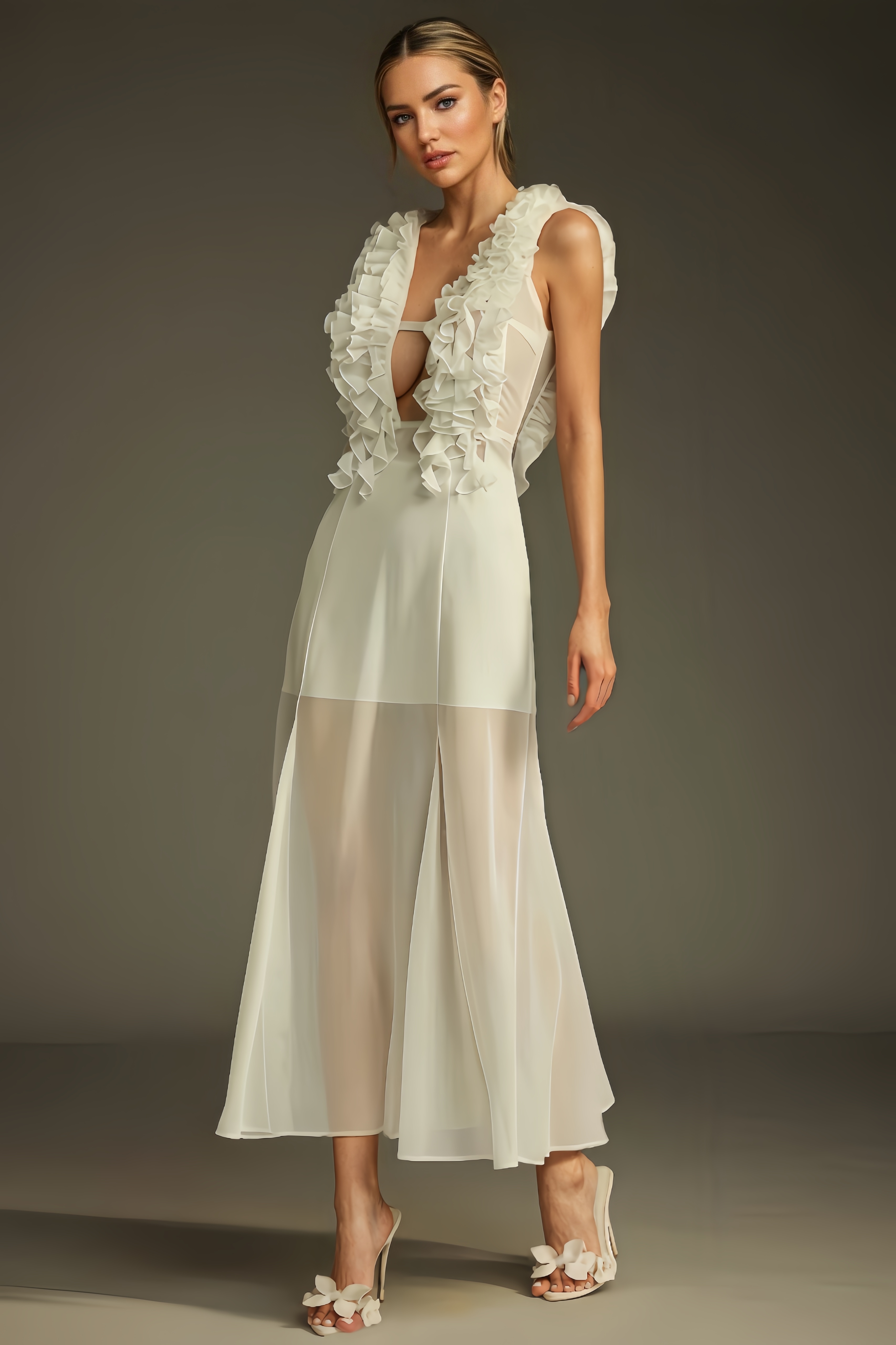 Briony Plunge Neck Ruffle Mesh Midi Dress