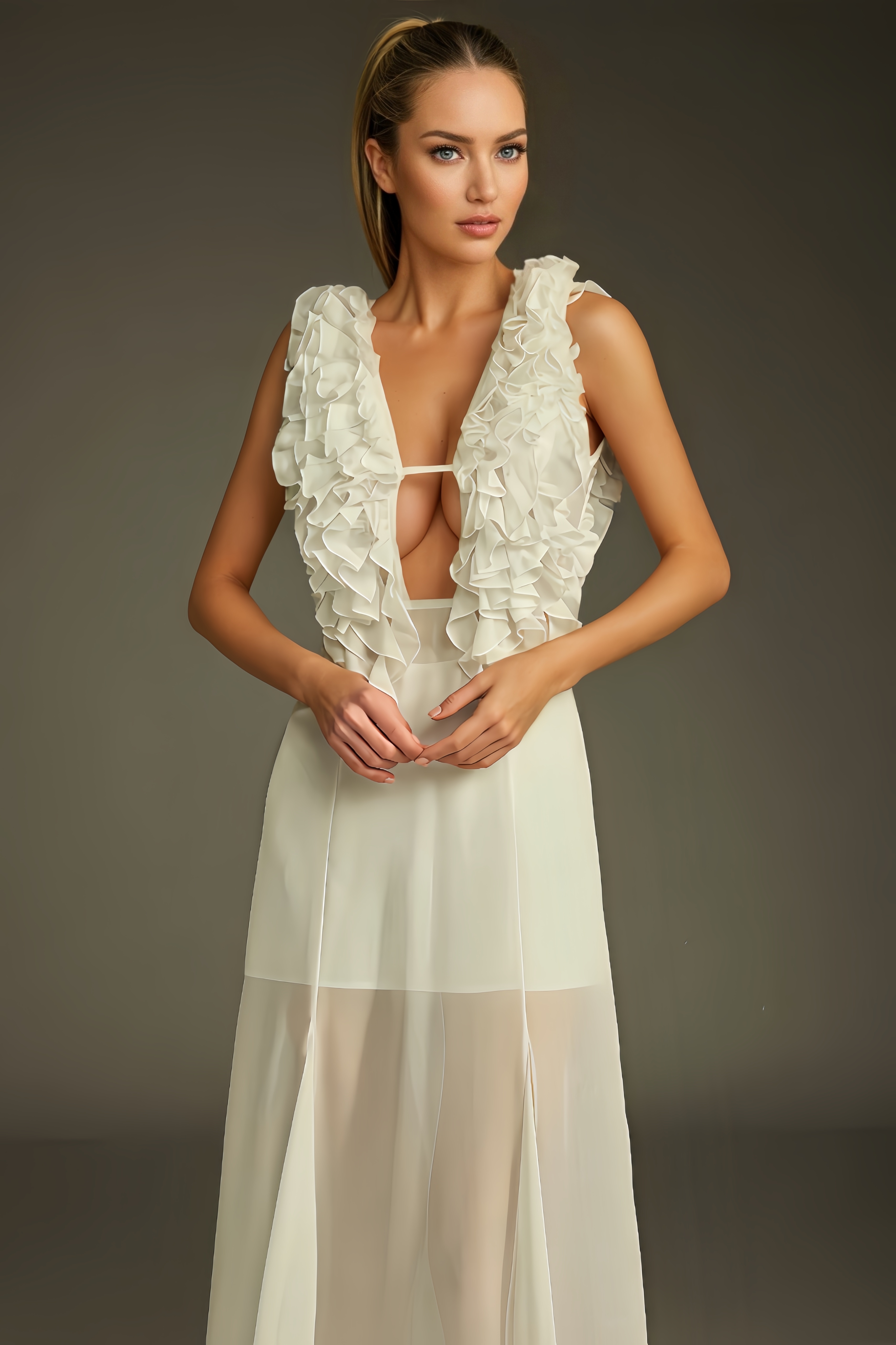 Briony Plunge Neck Ruffle Mesh Midi Dress