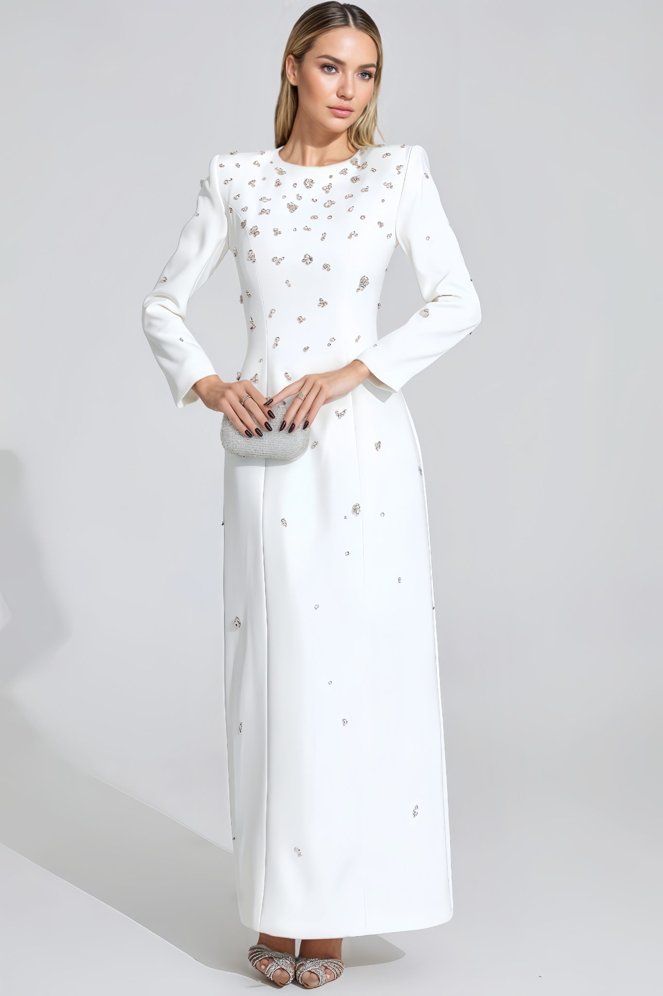 Clara White Diamond Long Sleeve Maxi Dress