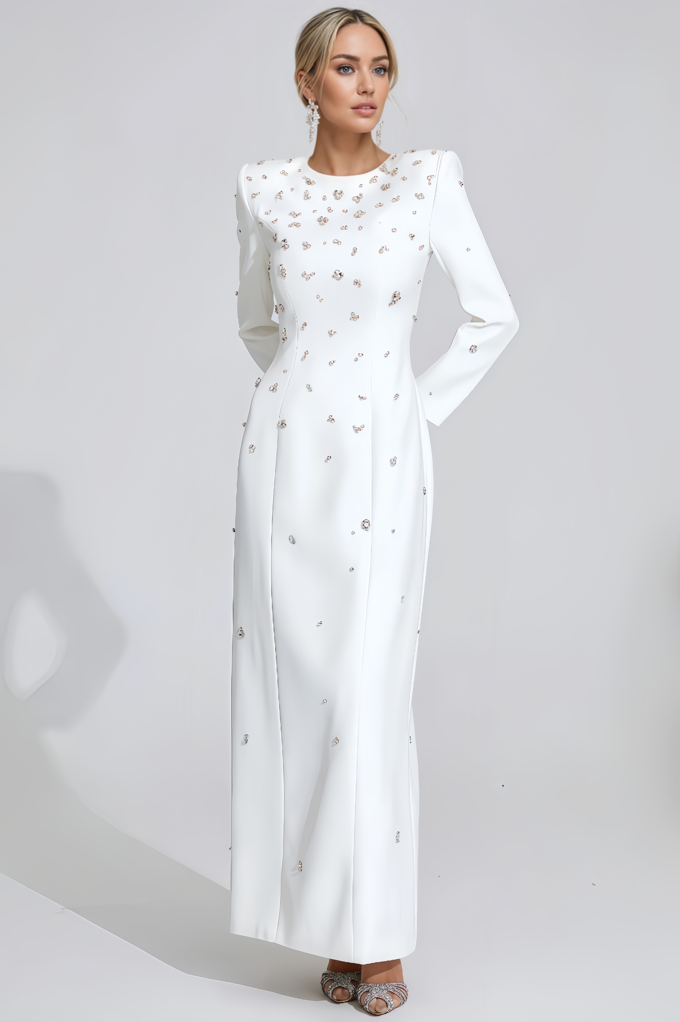 Clara White Diamond Long Sleeve Maxi Dress