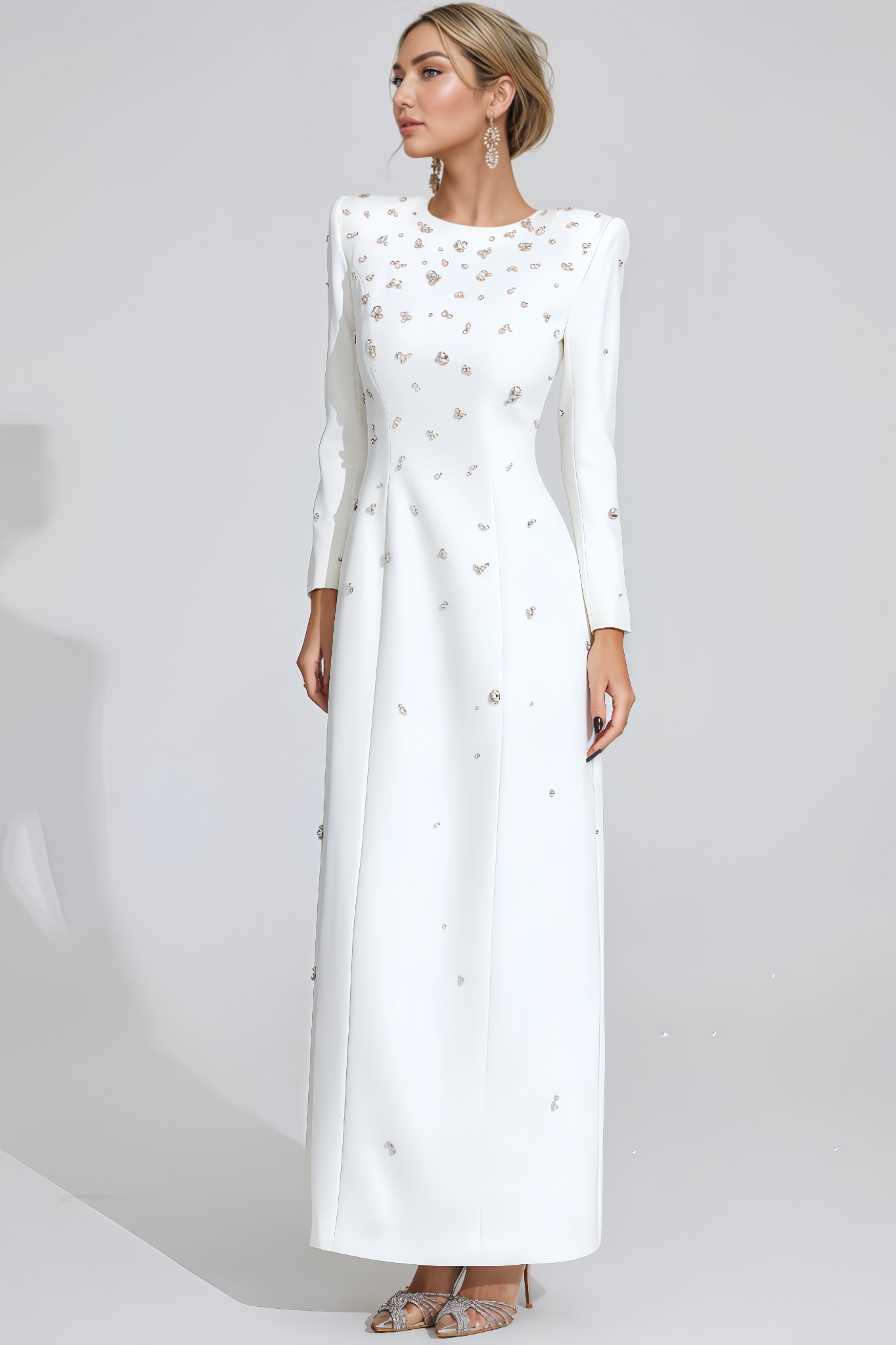 Clara White Diamond Long Sleeve Maxi Dress