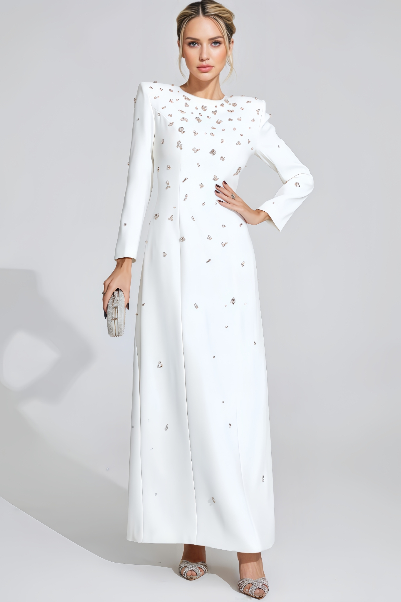 Clara White Diamond Long Sleeve Maxi Dress