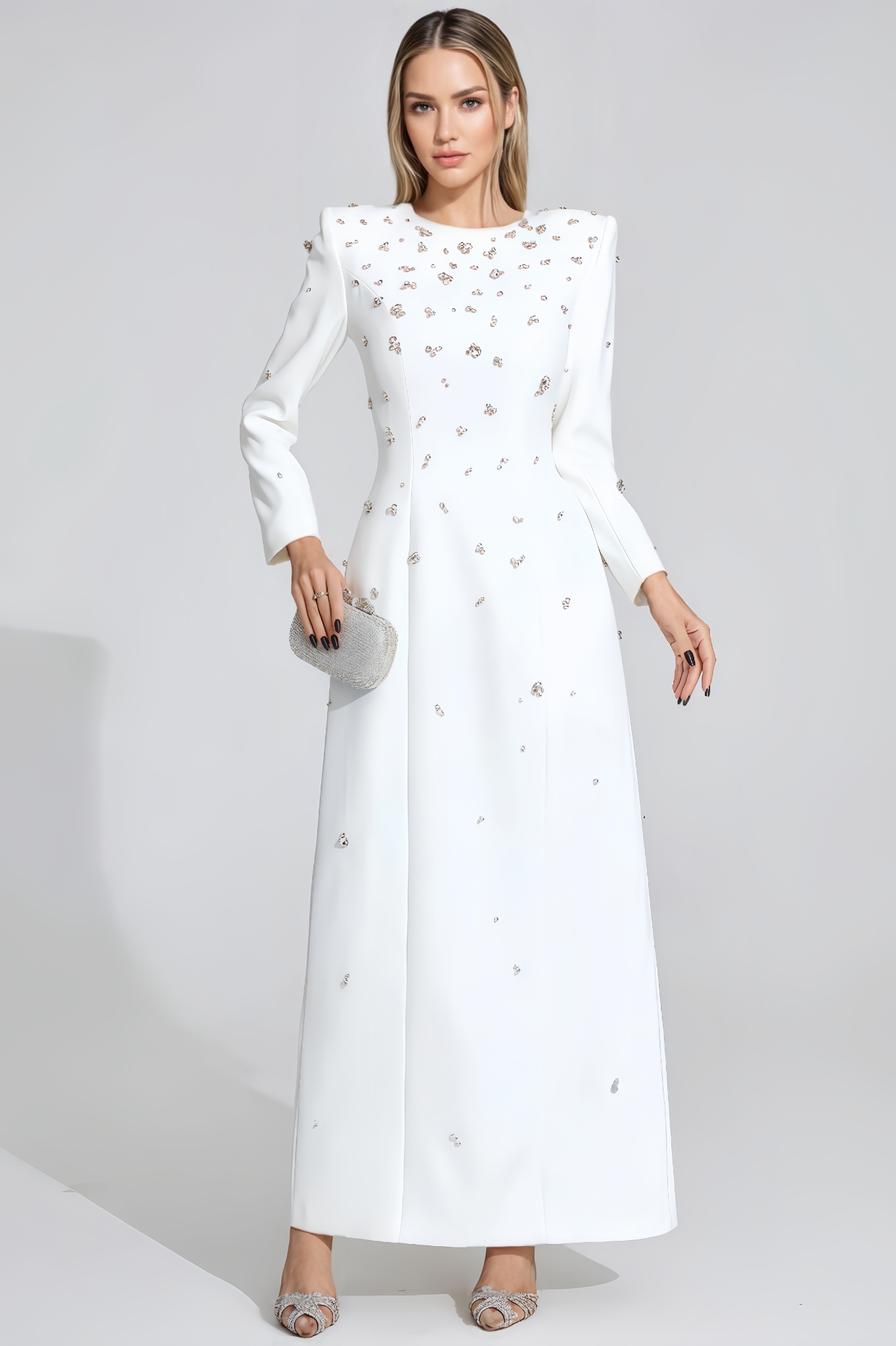 Clara White Diamond Long Sleeve Maxi Dress