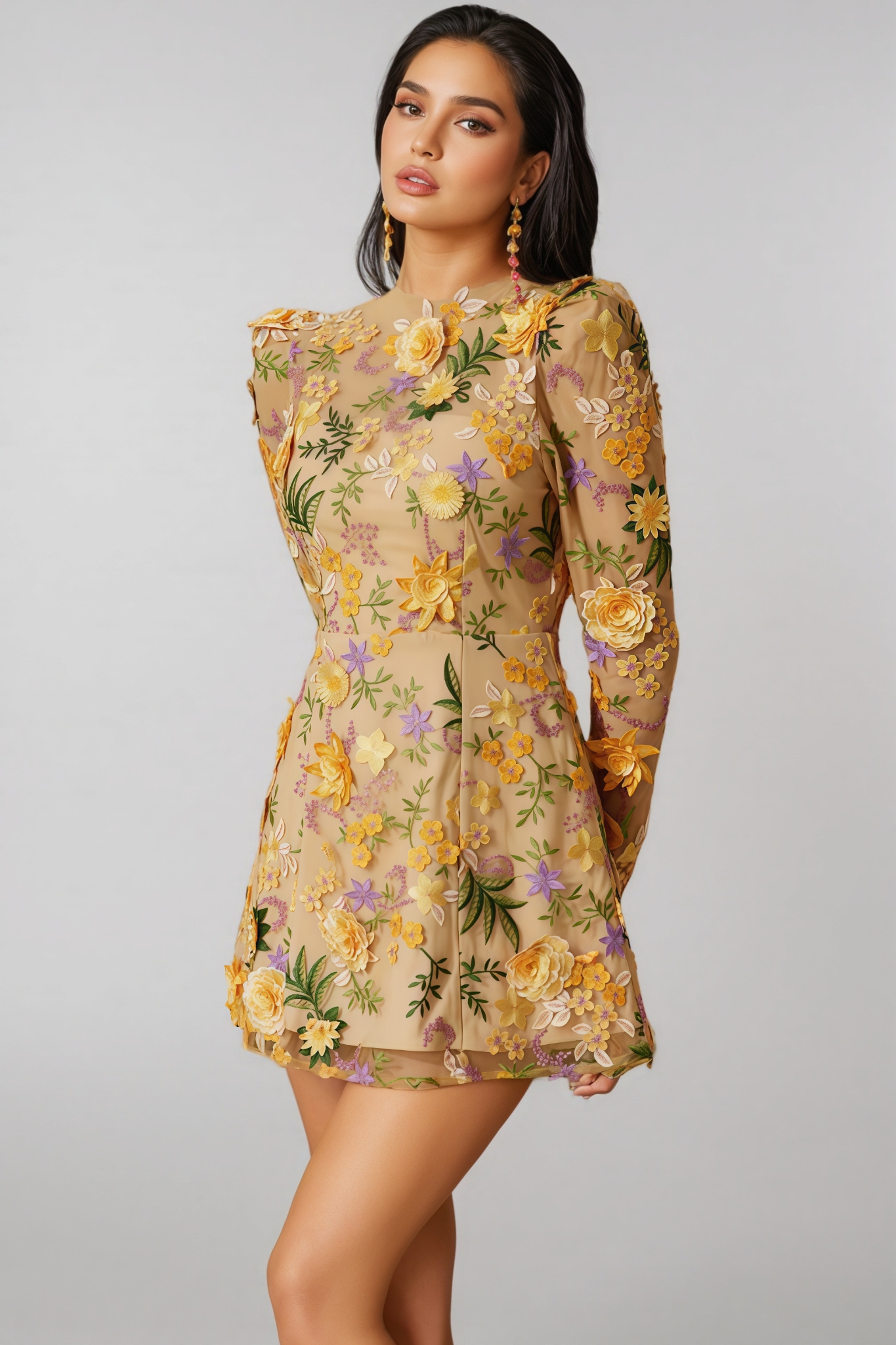 Taina Yellow Flower Embroidered Mini Dress