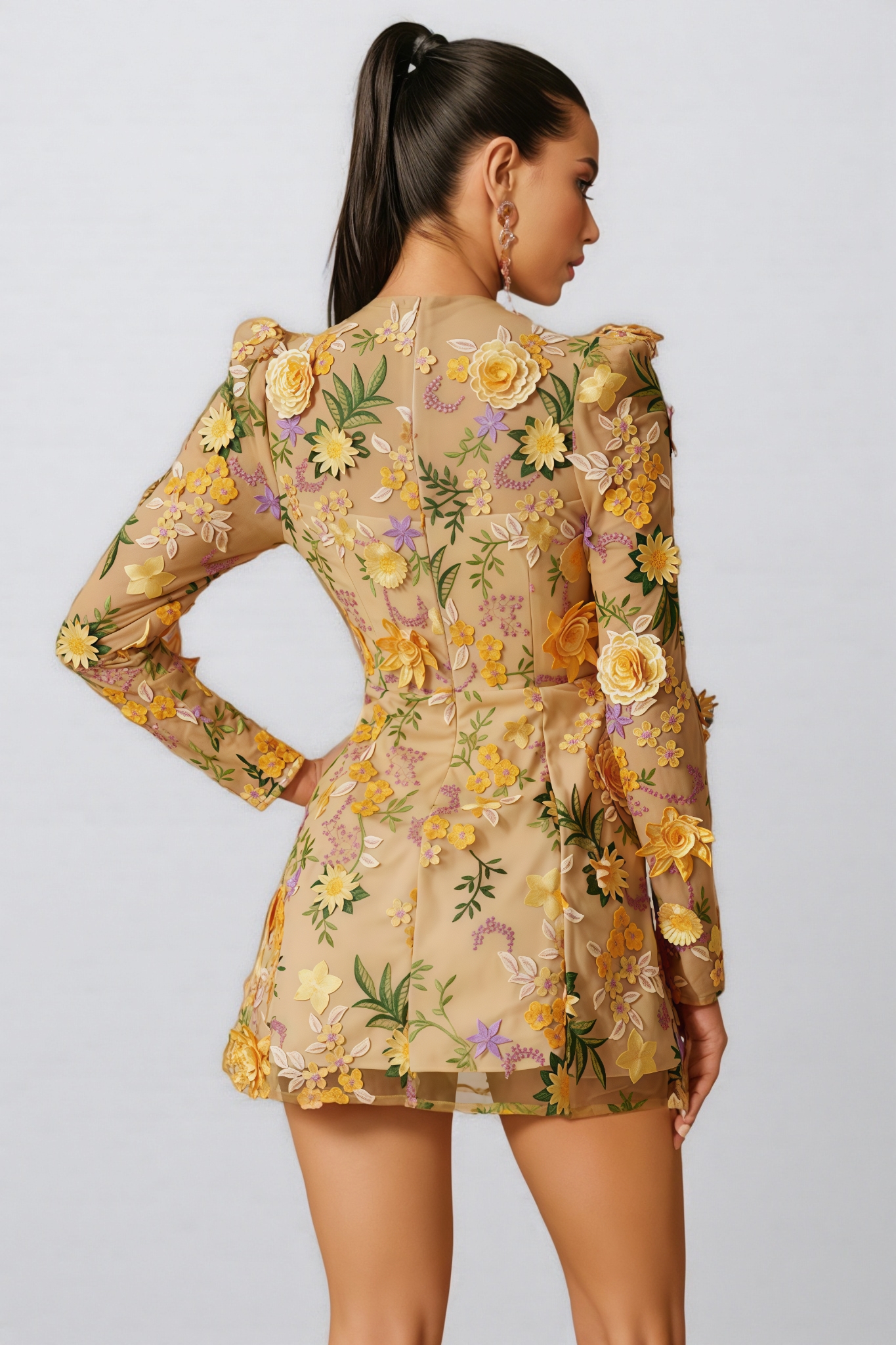 Taina Yellow Flower Embroidered Mini Dress
