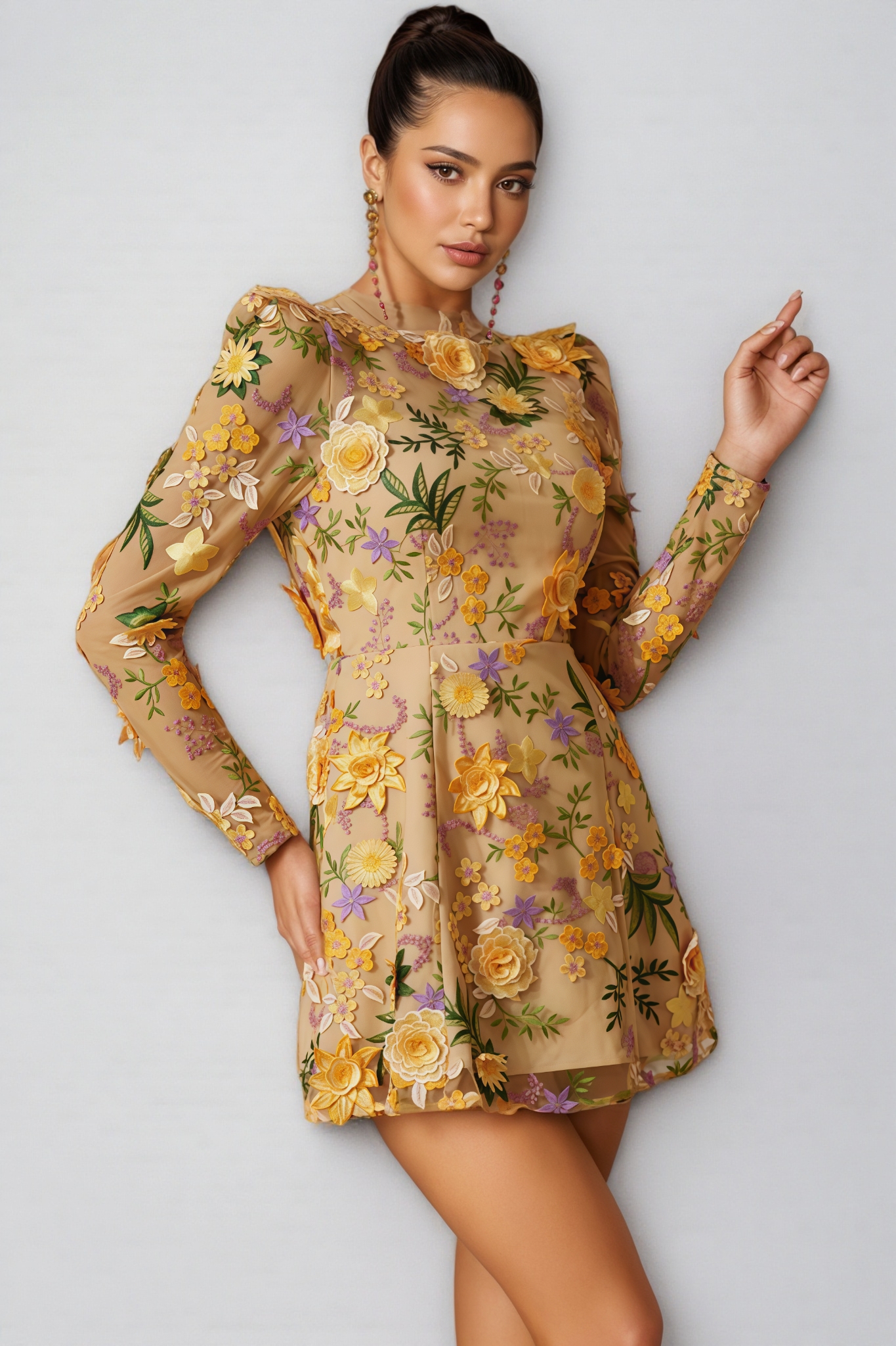 Taina Yellow Flower Embroidered Mini Dress