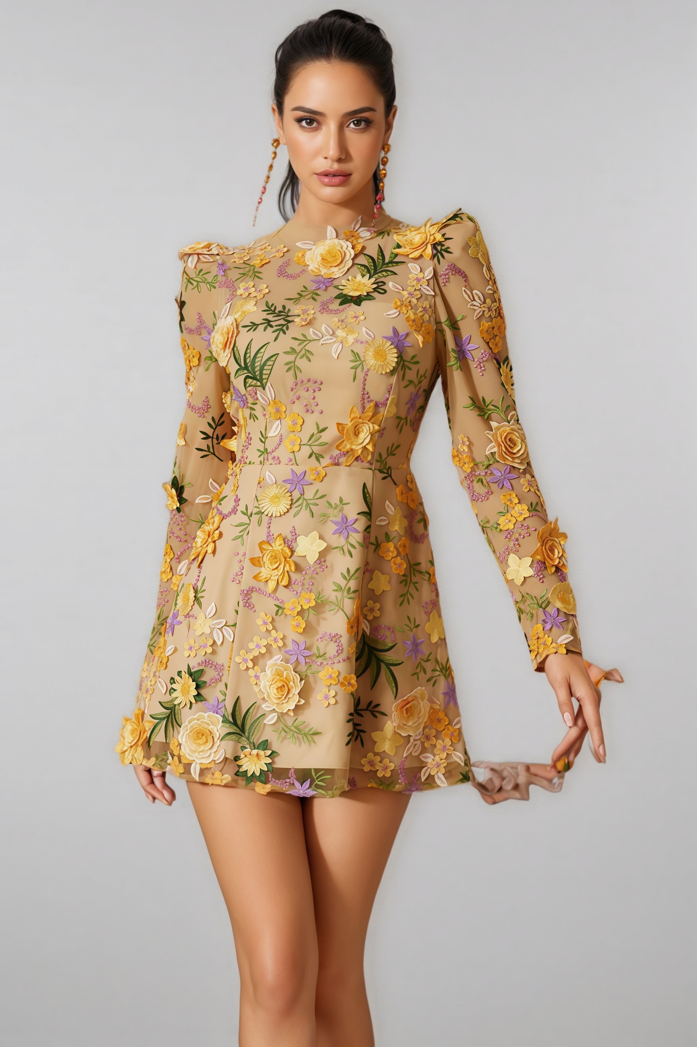 Taina Yellow Flower Embroidered Mini Dress