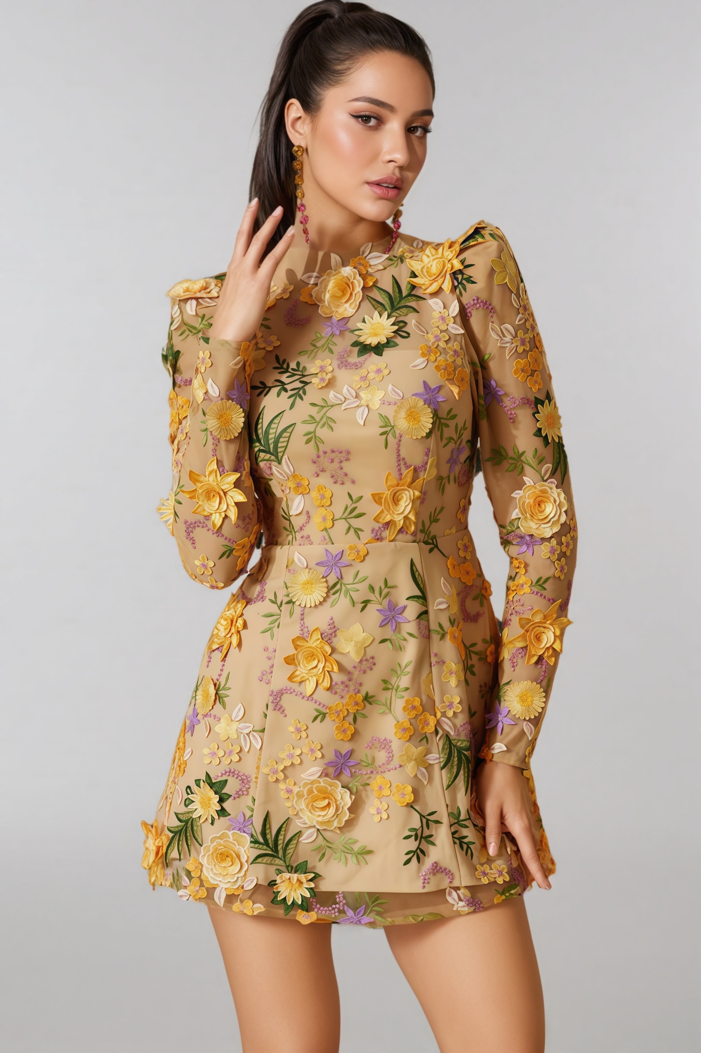Taina Yellow Flower Embroidered Mini Dress