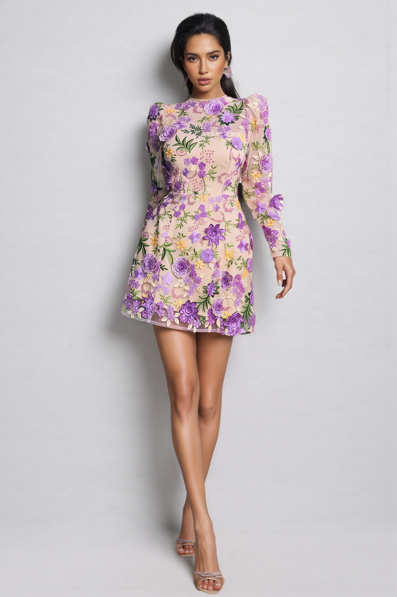 Freja Purple Flower Embroidered Mini Dress
