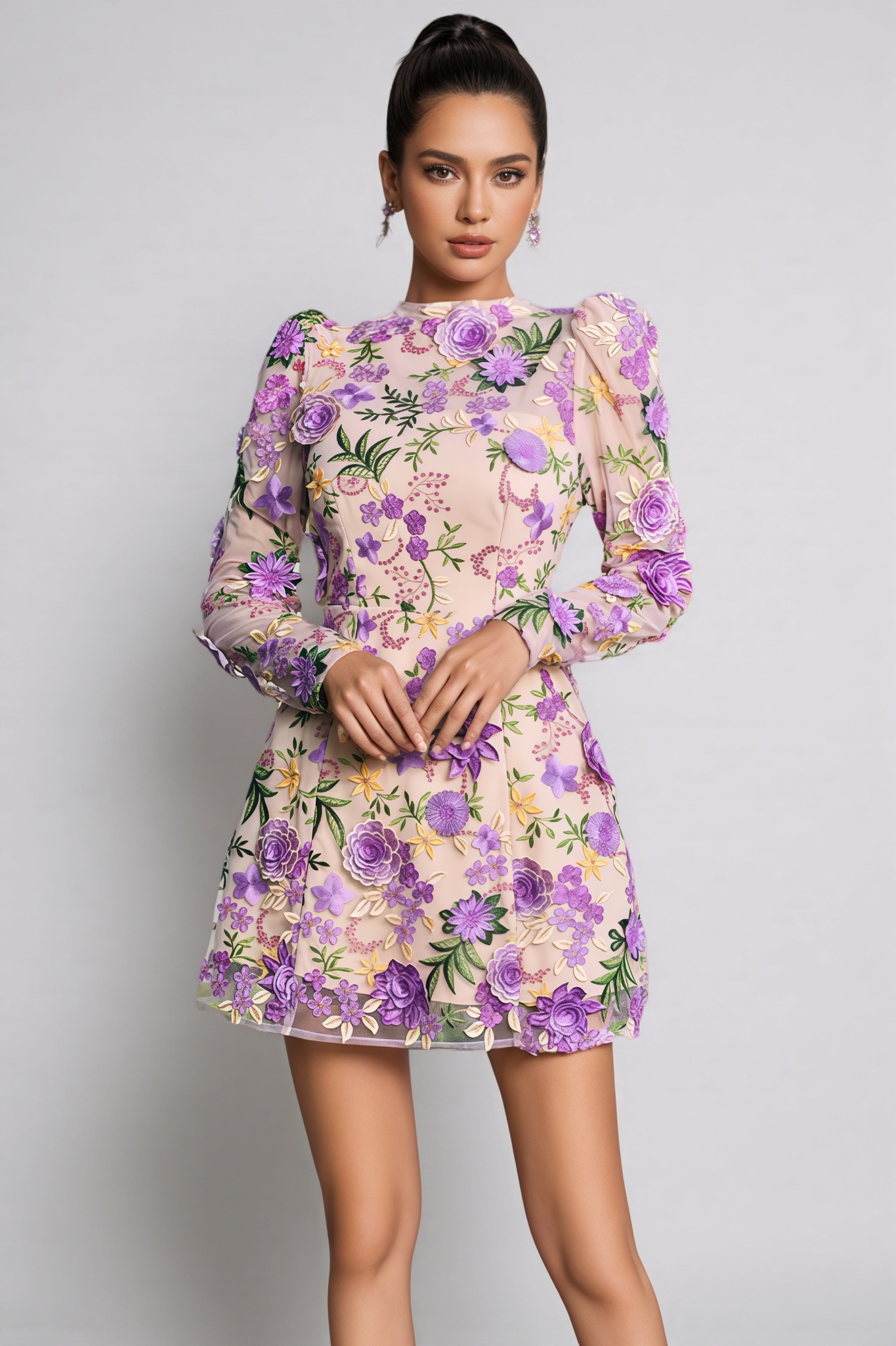 Freja Purple Flower Embroidered Mini Dress