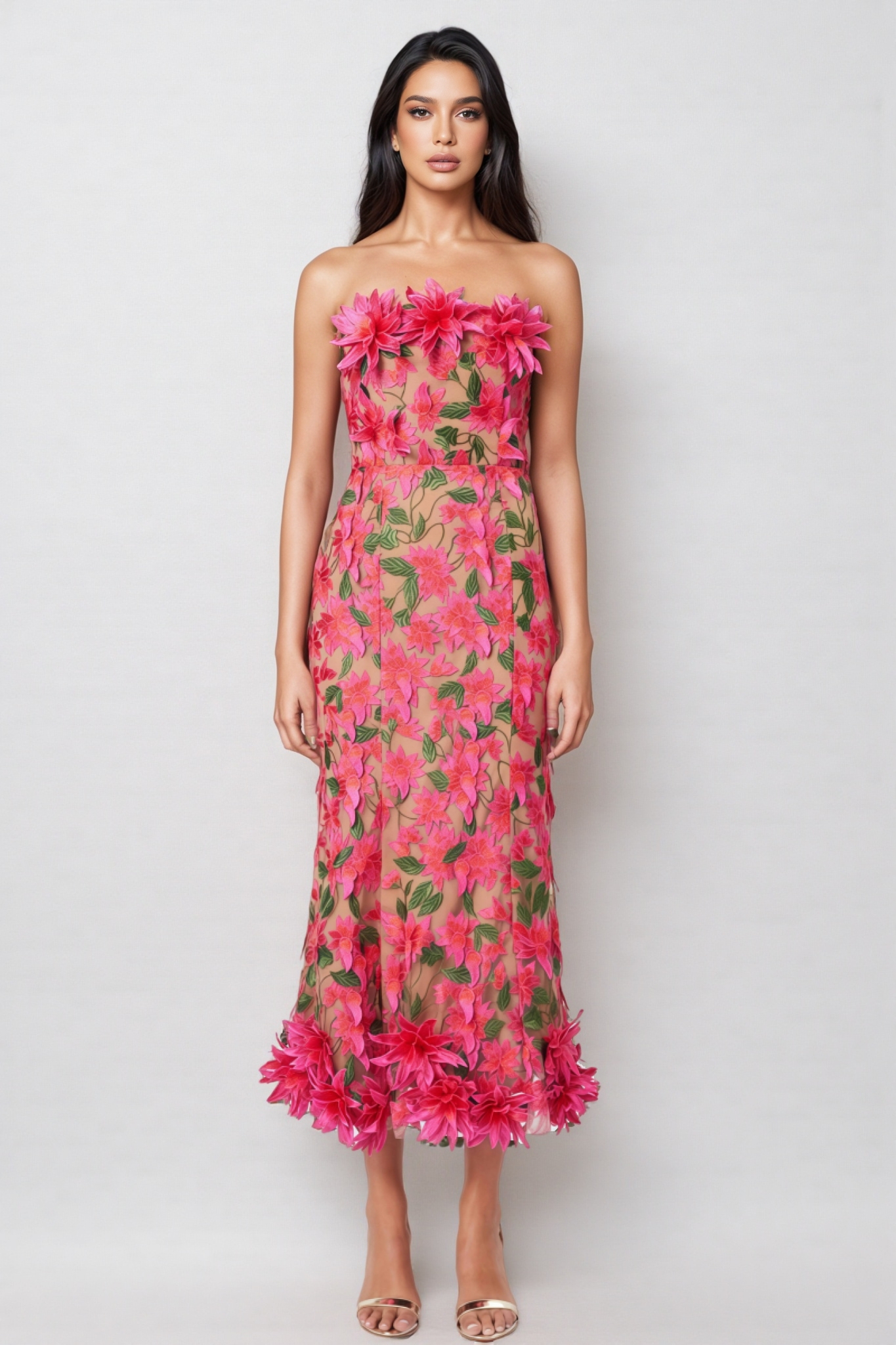 Adame 3D Floral Mesh Midi Dress