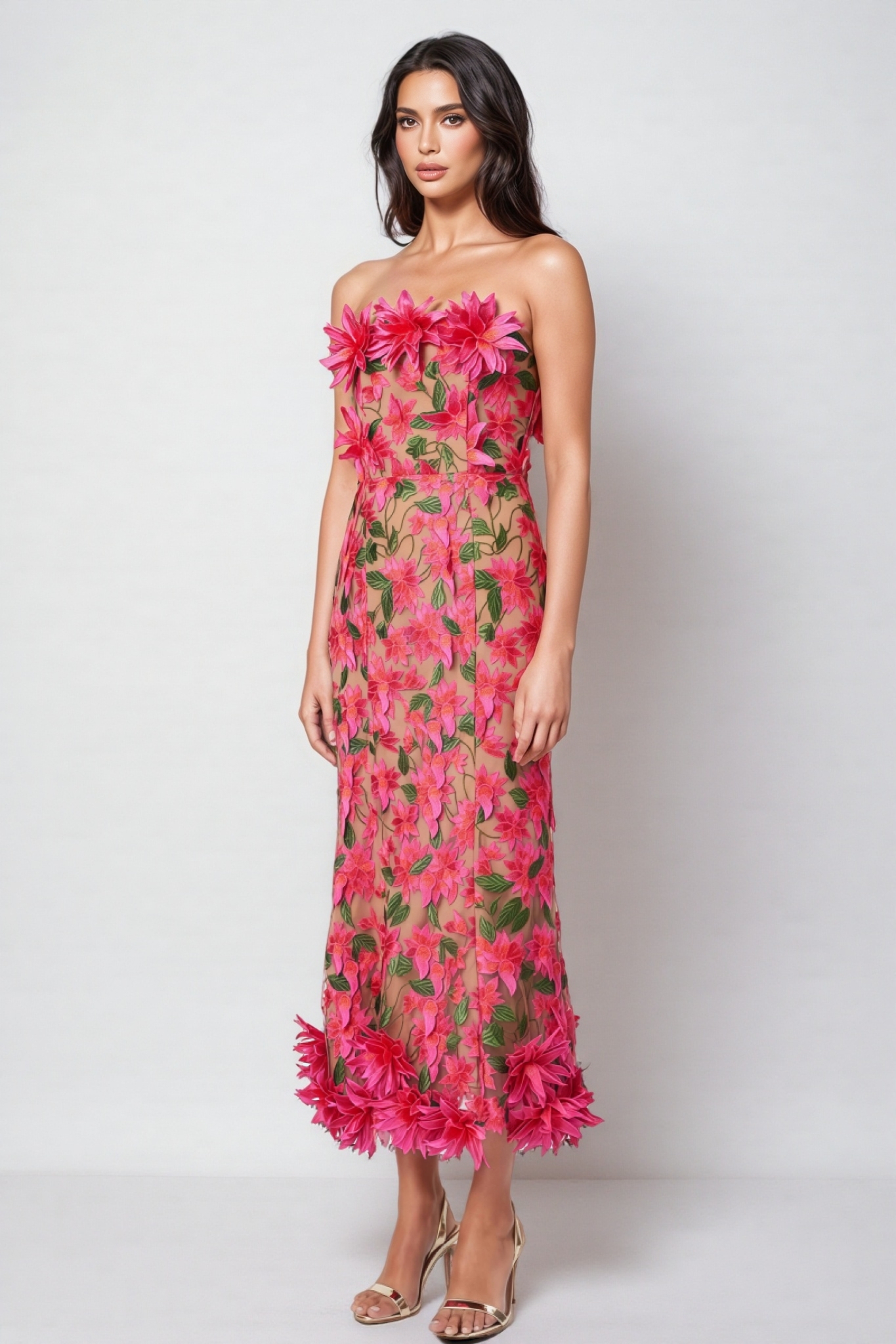 Adame 3D Floral Mesh Midi Dress