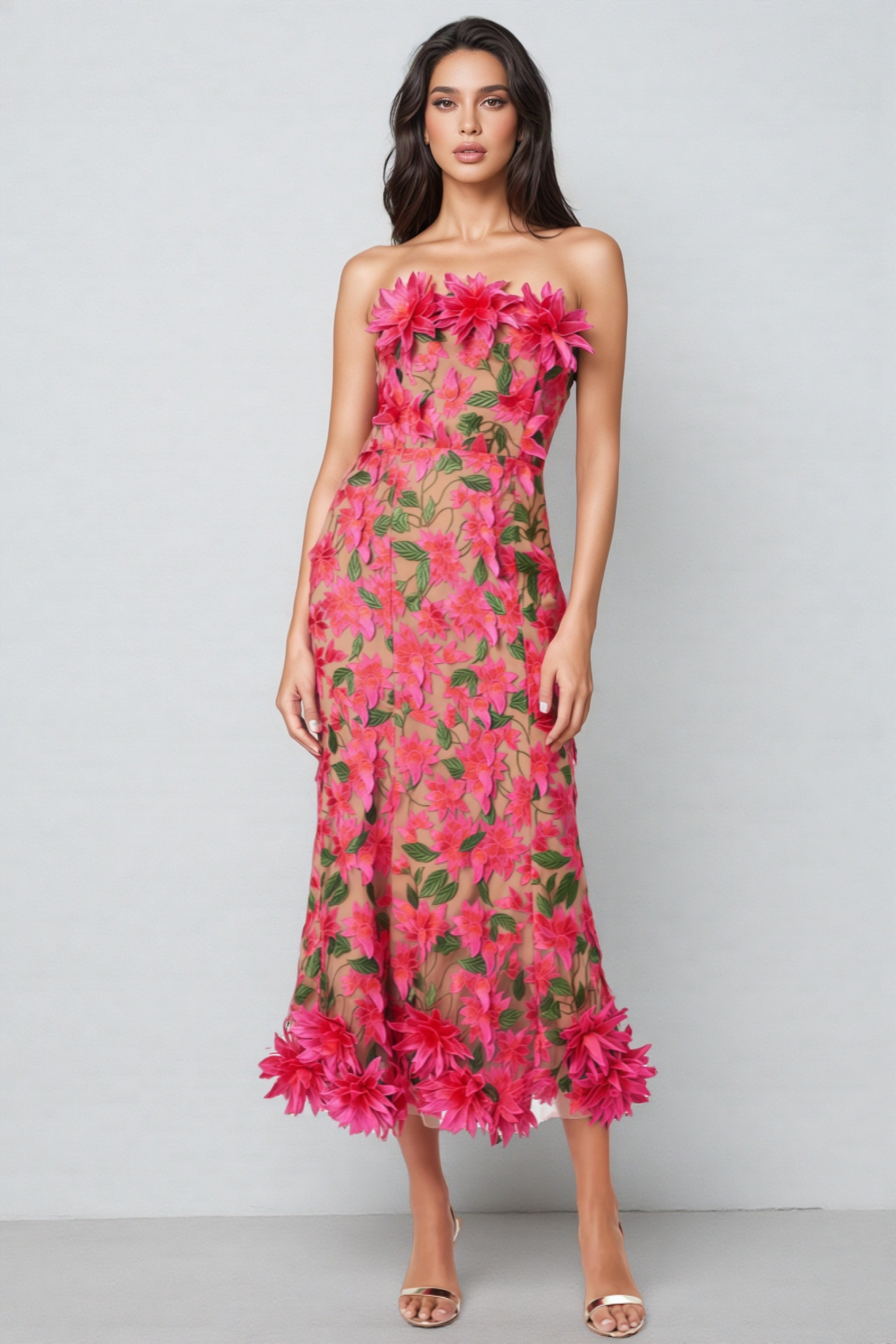 Adame 3D Floral Mesh Midi Dress