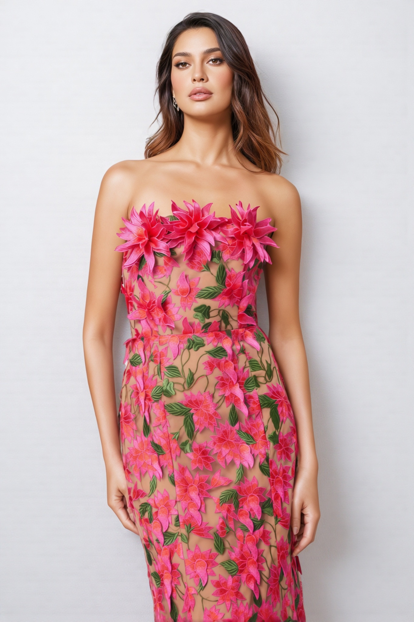 Adame 3D Floral Mesh Midi Dress