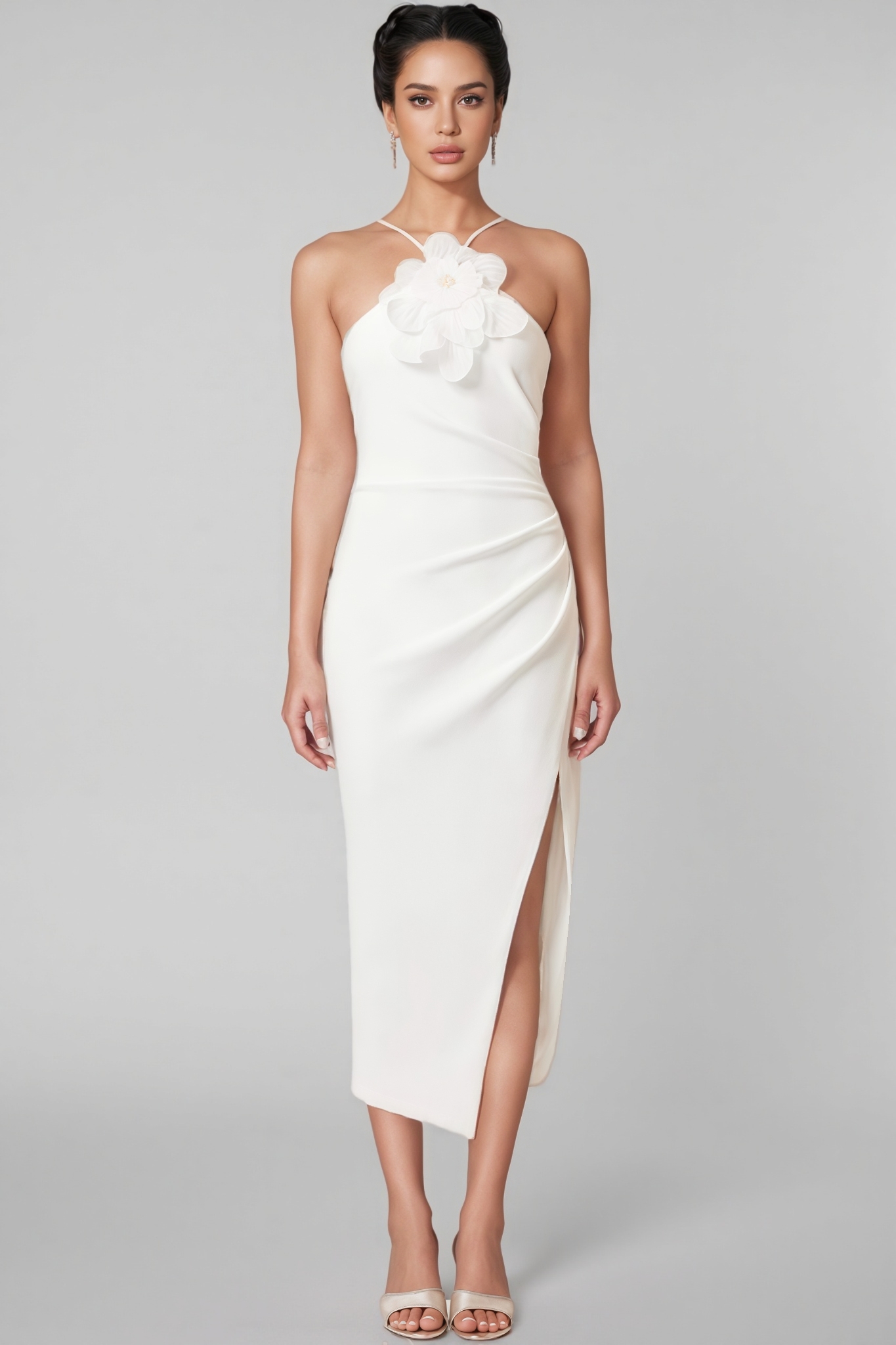 Kaelt White 3D Floral Midi Dress