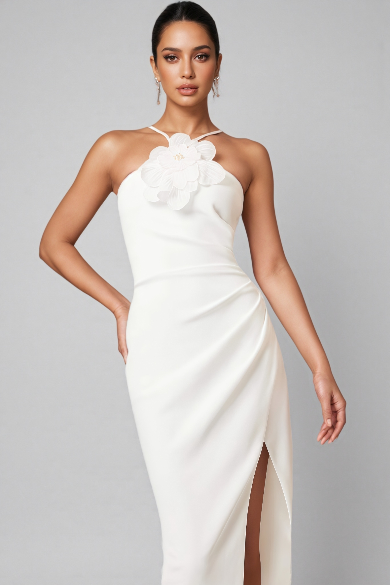 Kaelt White 3D Floral Midi Dress