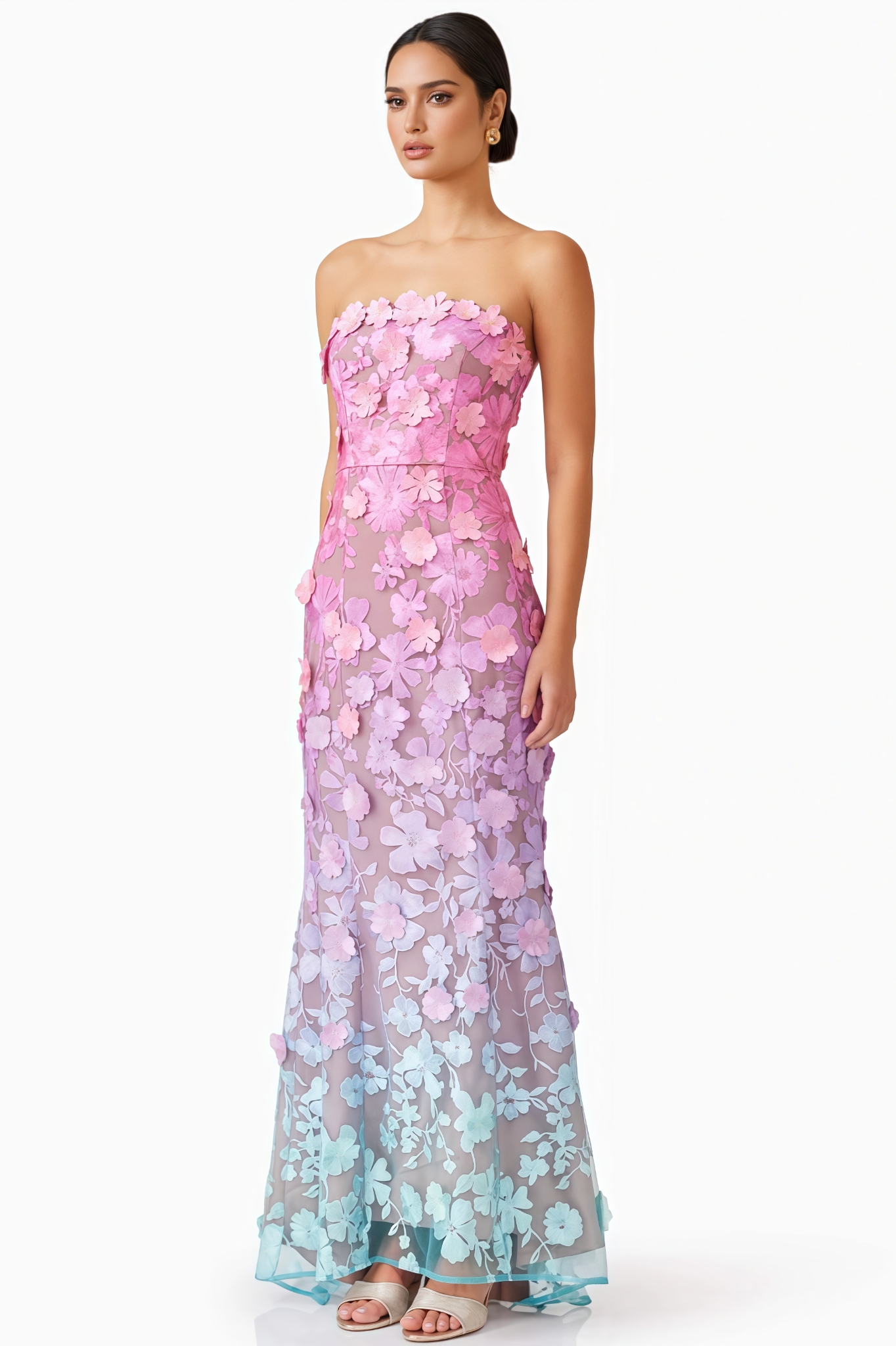 Eudora 3D Floral Gradient Halter-Neck Maxi Dress