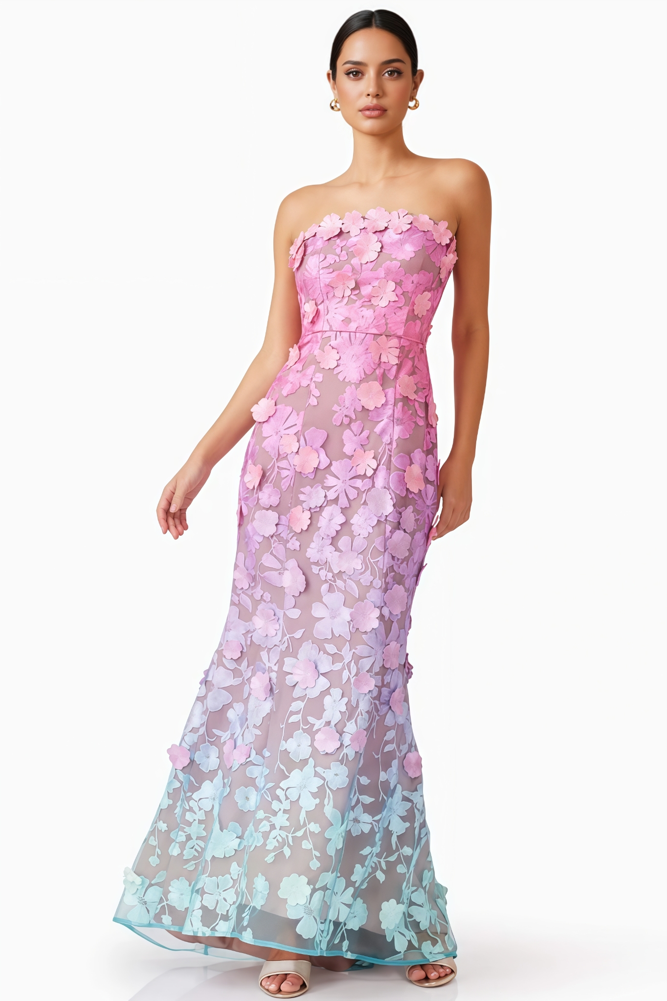 Eudora 3D Floral Gradient Halter-Neck Maxi Dress