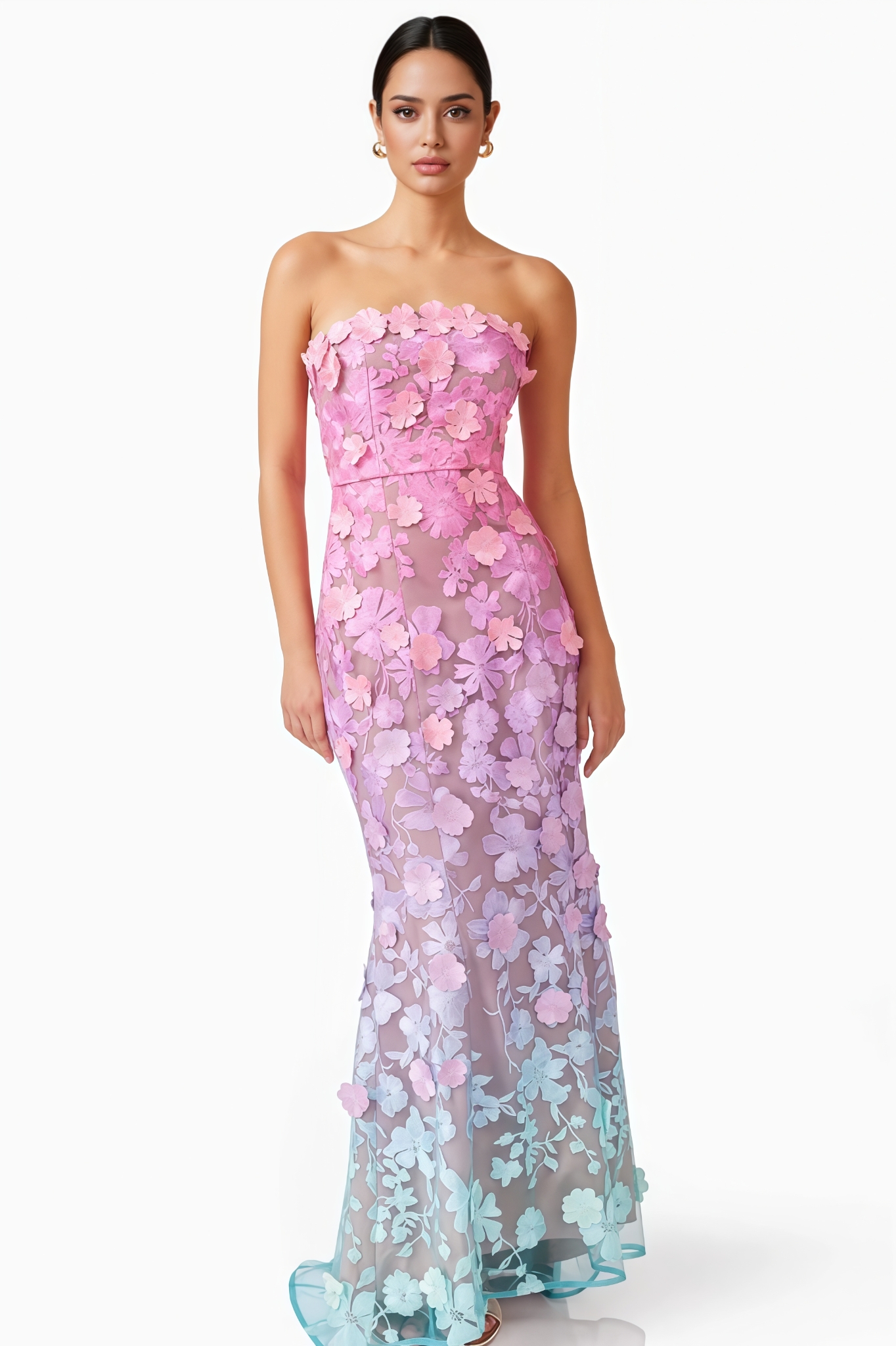 Eudora 3D Floral Gradient Halter-Neck Maxi Dress