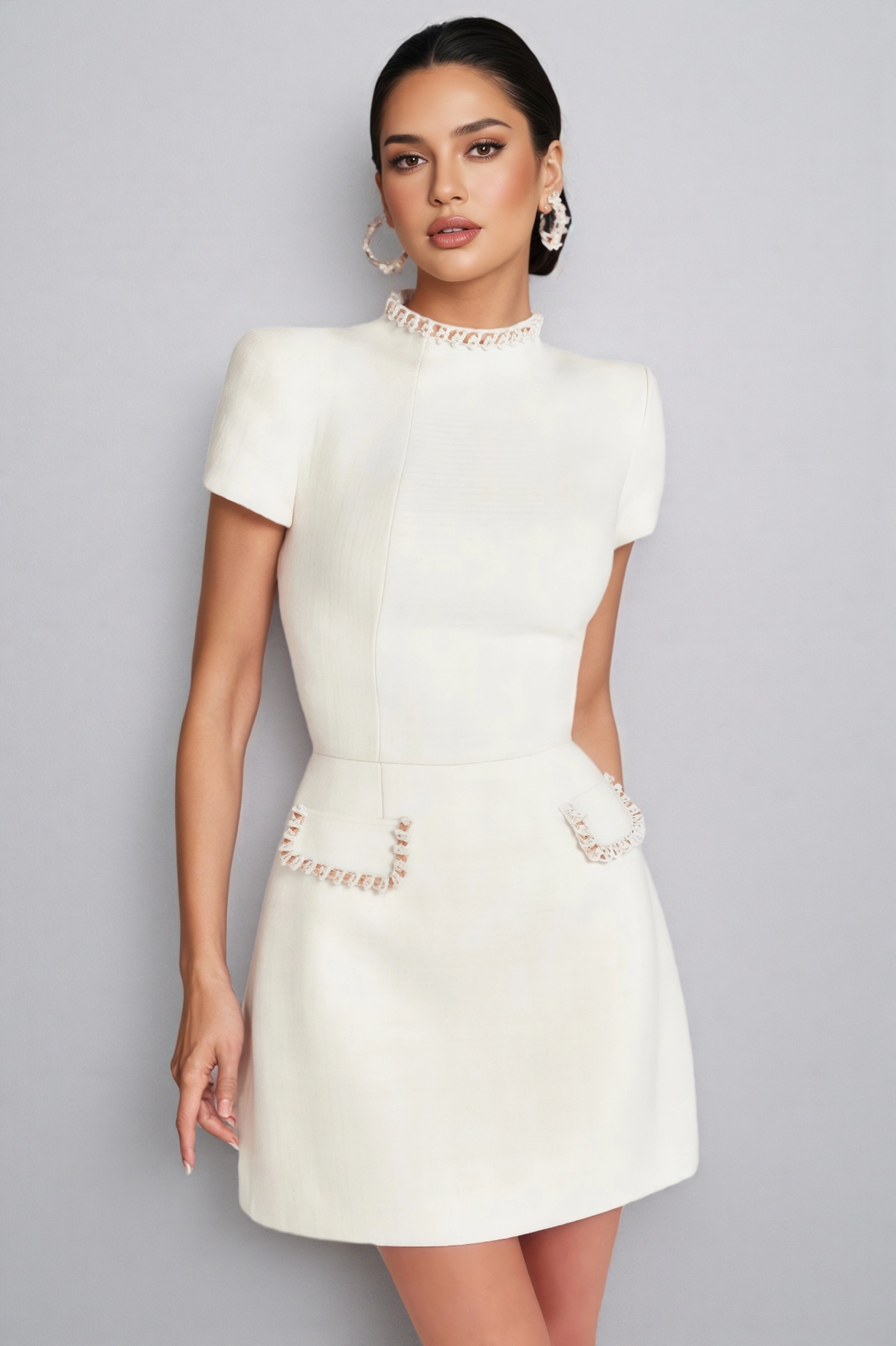 Adela White Beaded Chambray Mini Dress