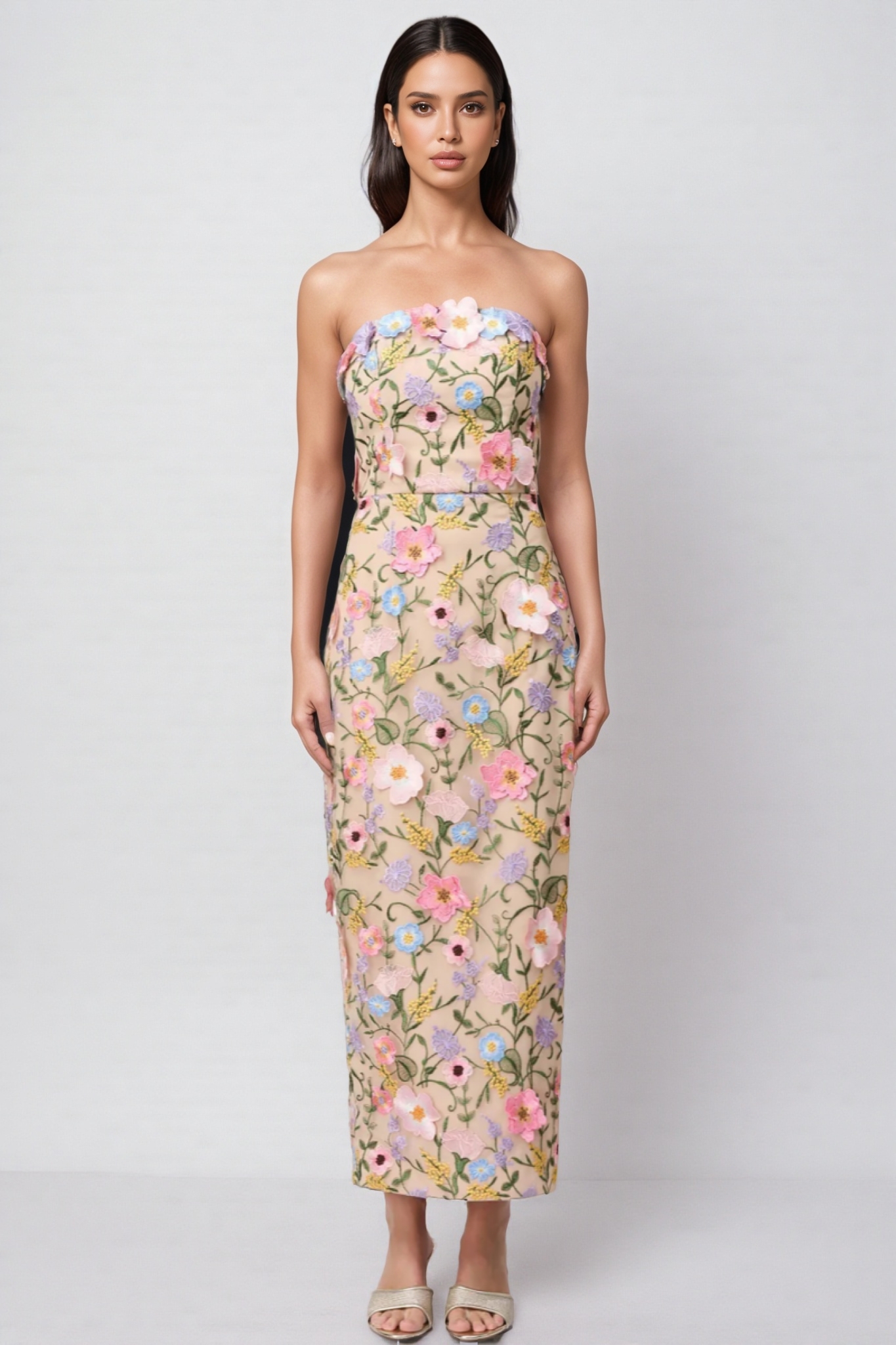 Eddek Strapless Floral Midi Dress