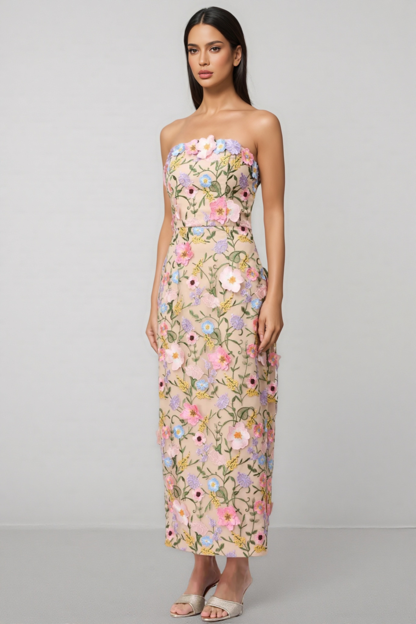 Eddek Strapless Floral Midi Dress