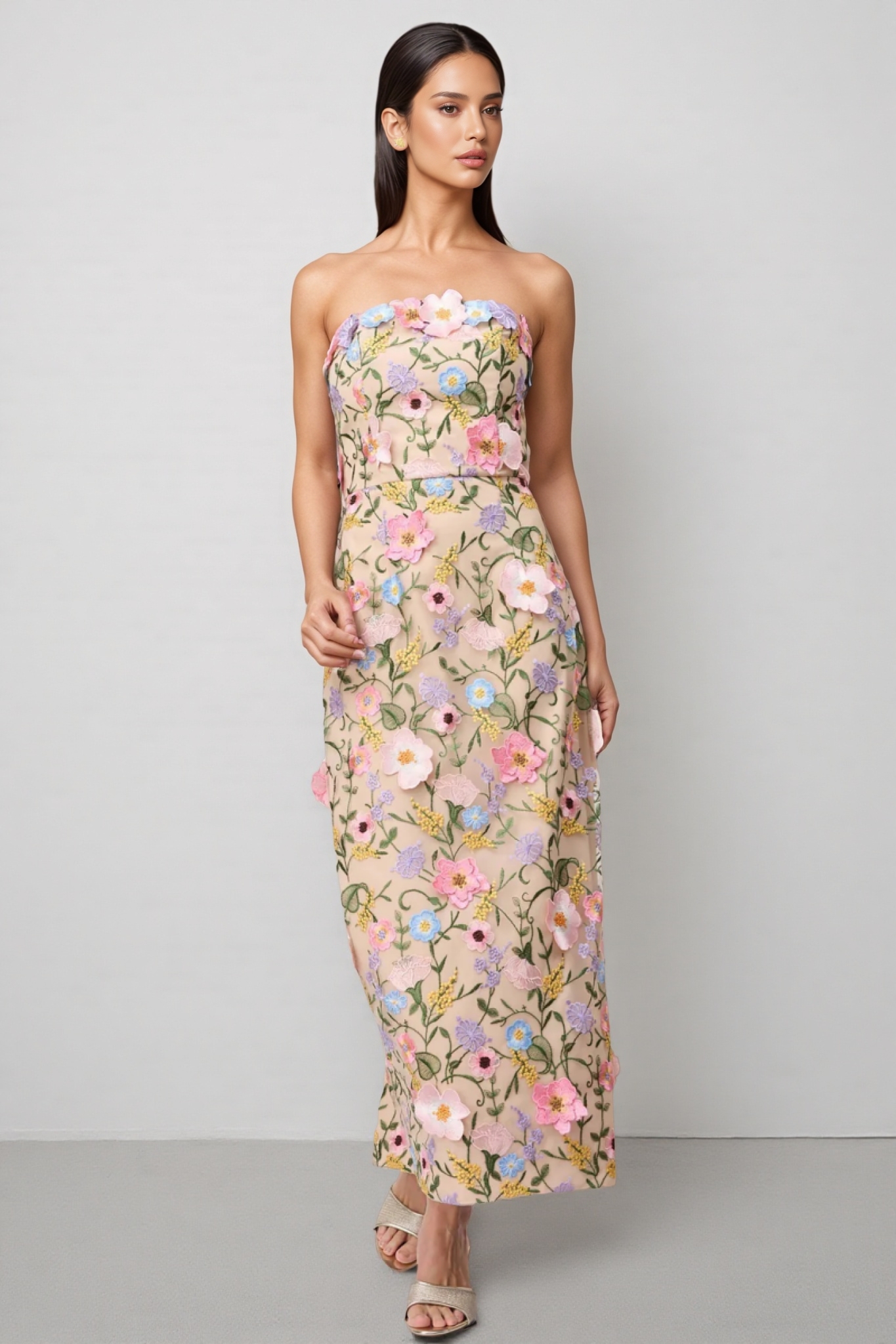 Eddek Strapless Floral Midi Dress