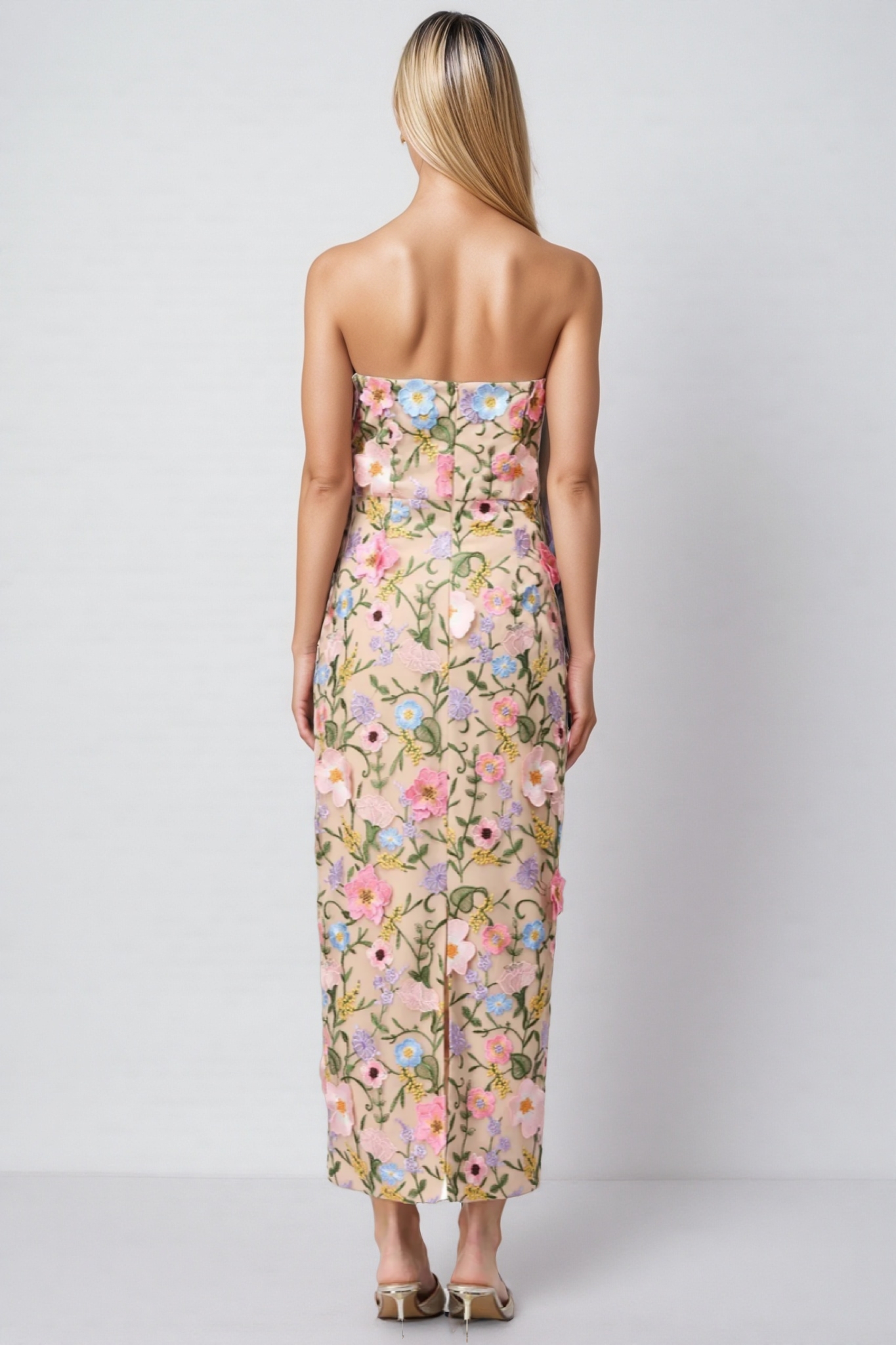 Eddek Strapless Floral Midi Dress