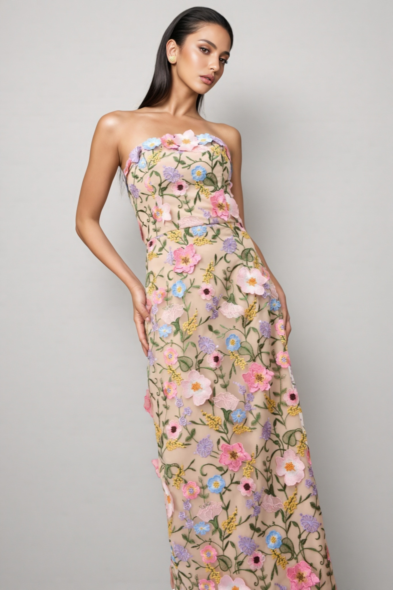 Eddek Strapless Floral Midi Dress