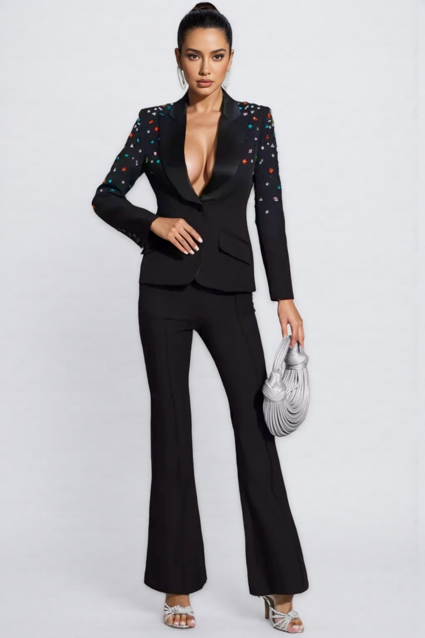 Celi Coloured Diamonds Blazer Set-Black