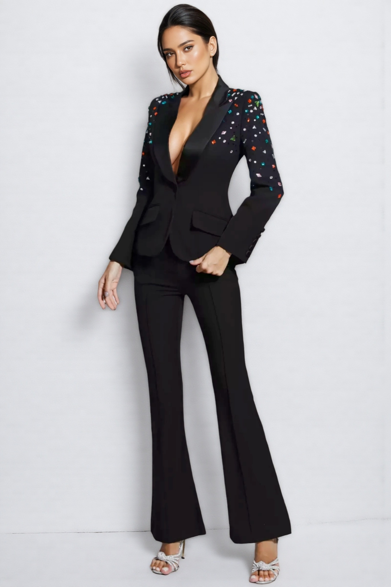 Celi Coloured Diamonds Blazer Set-Black
