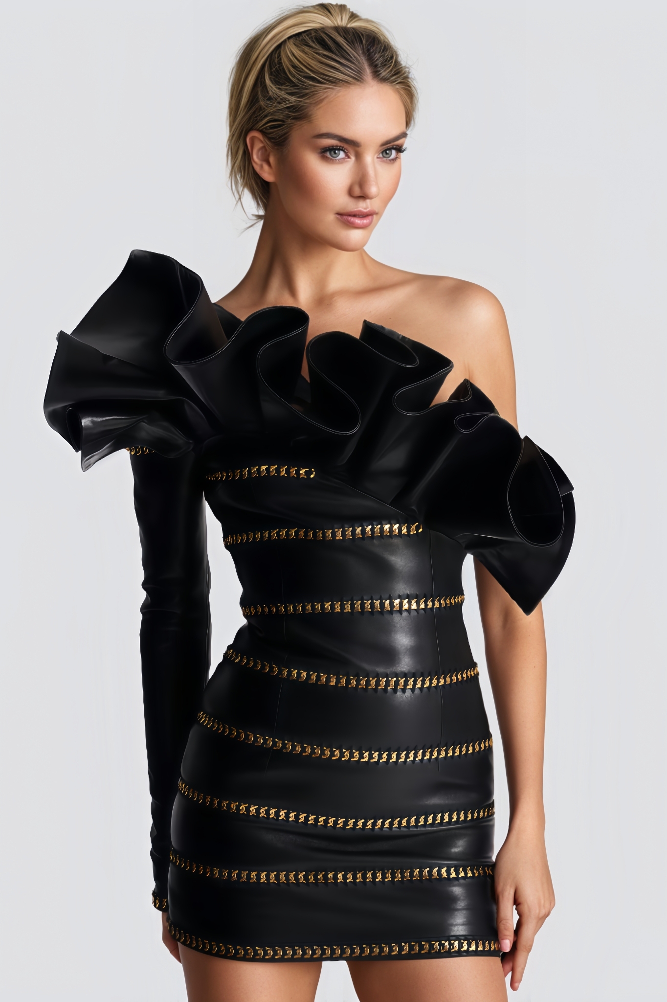 Ythairs Asymmetric Leather Bodycon Mini Dress