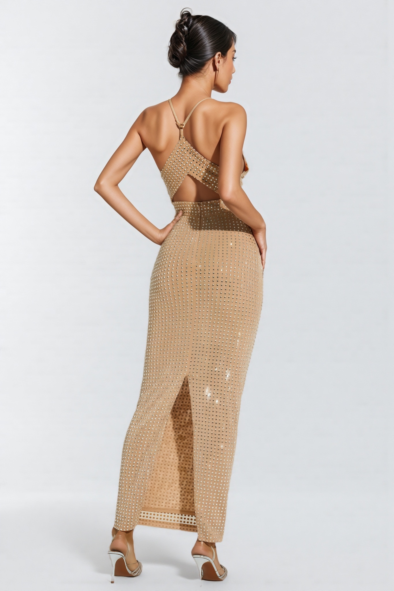 Artemis Beige Cut Out Halter Maxi Dress