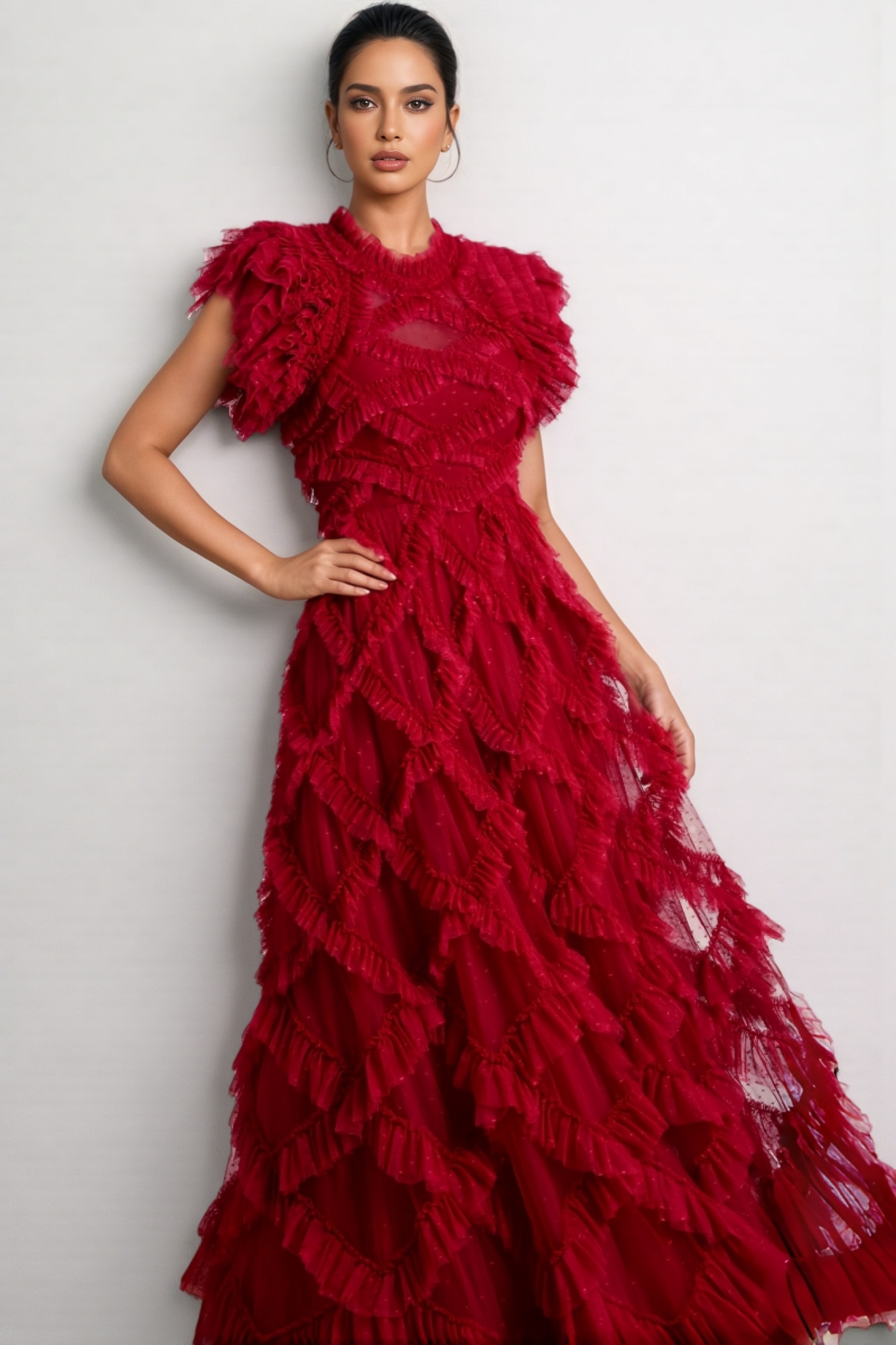 Luni Red Ruffle Lace Maxi Dress