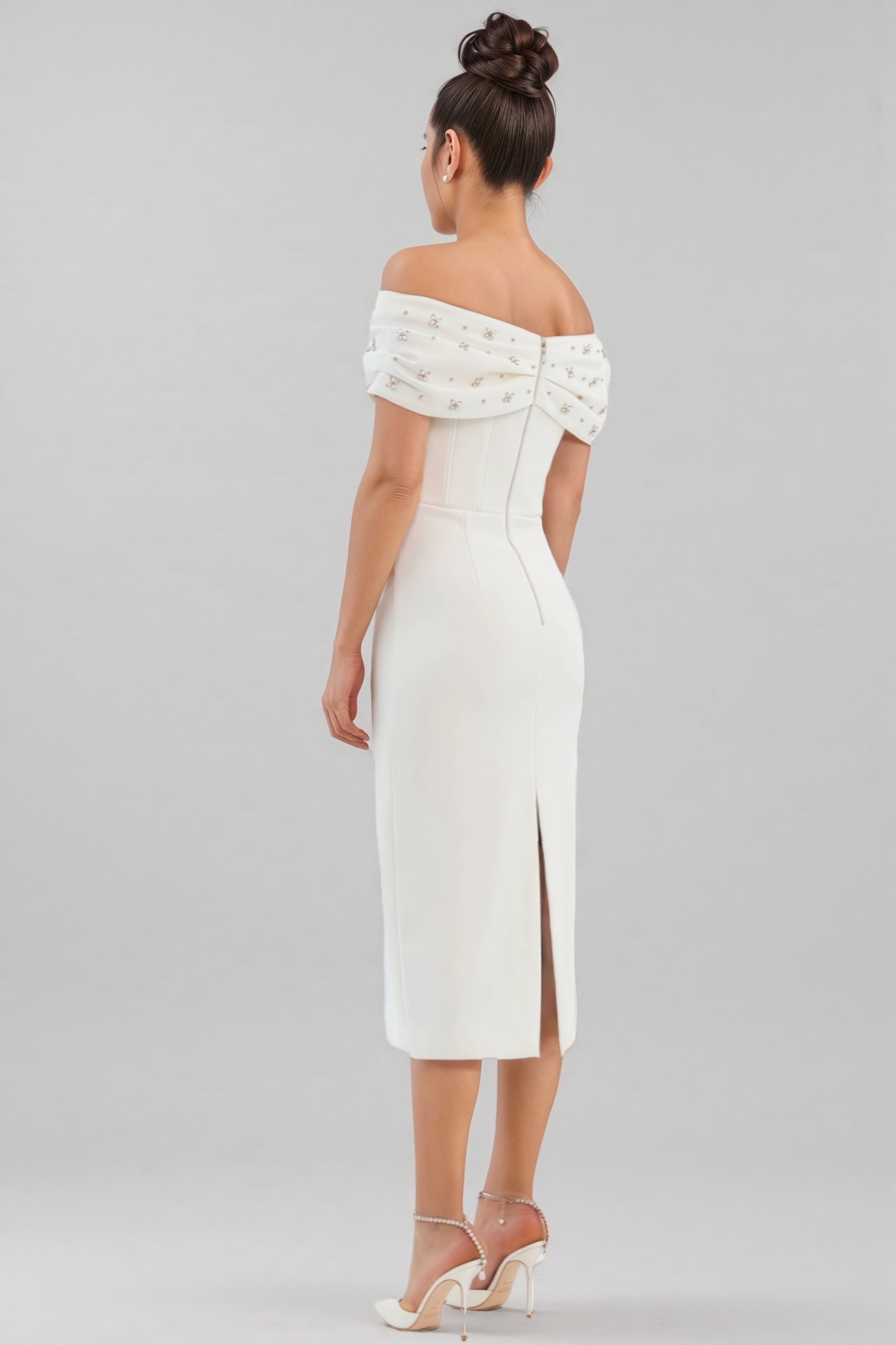 Zivaf White Beaded Rhinestone Midi Dress