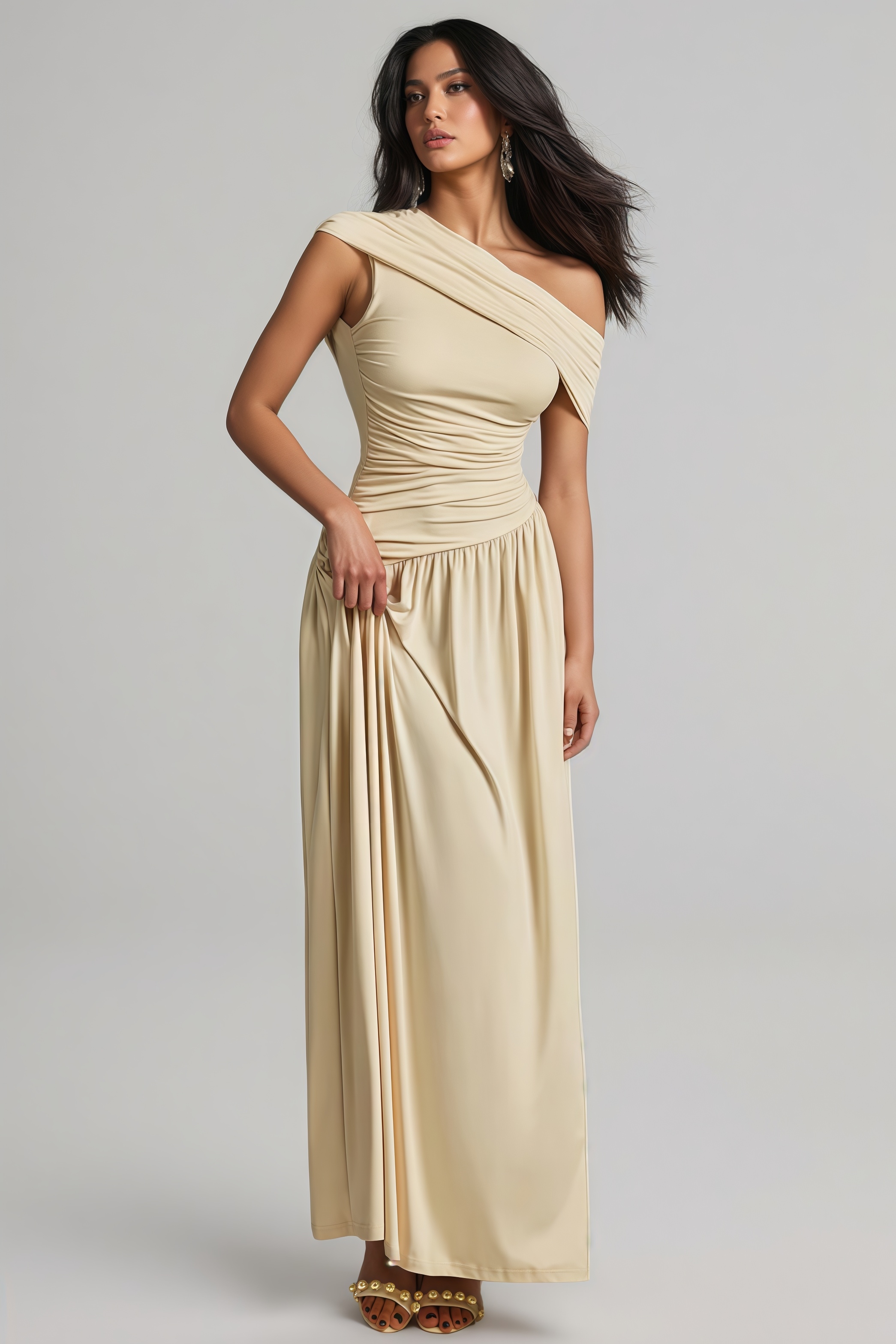 Ildrak One Shoulder Ruched Maxi Dress