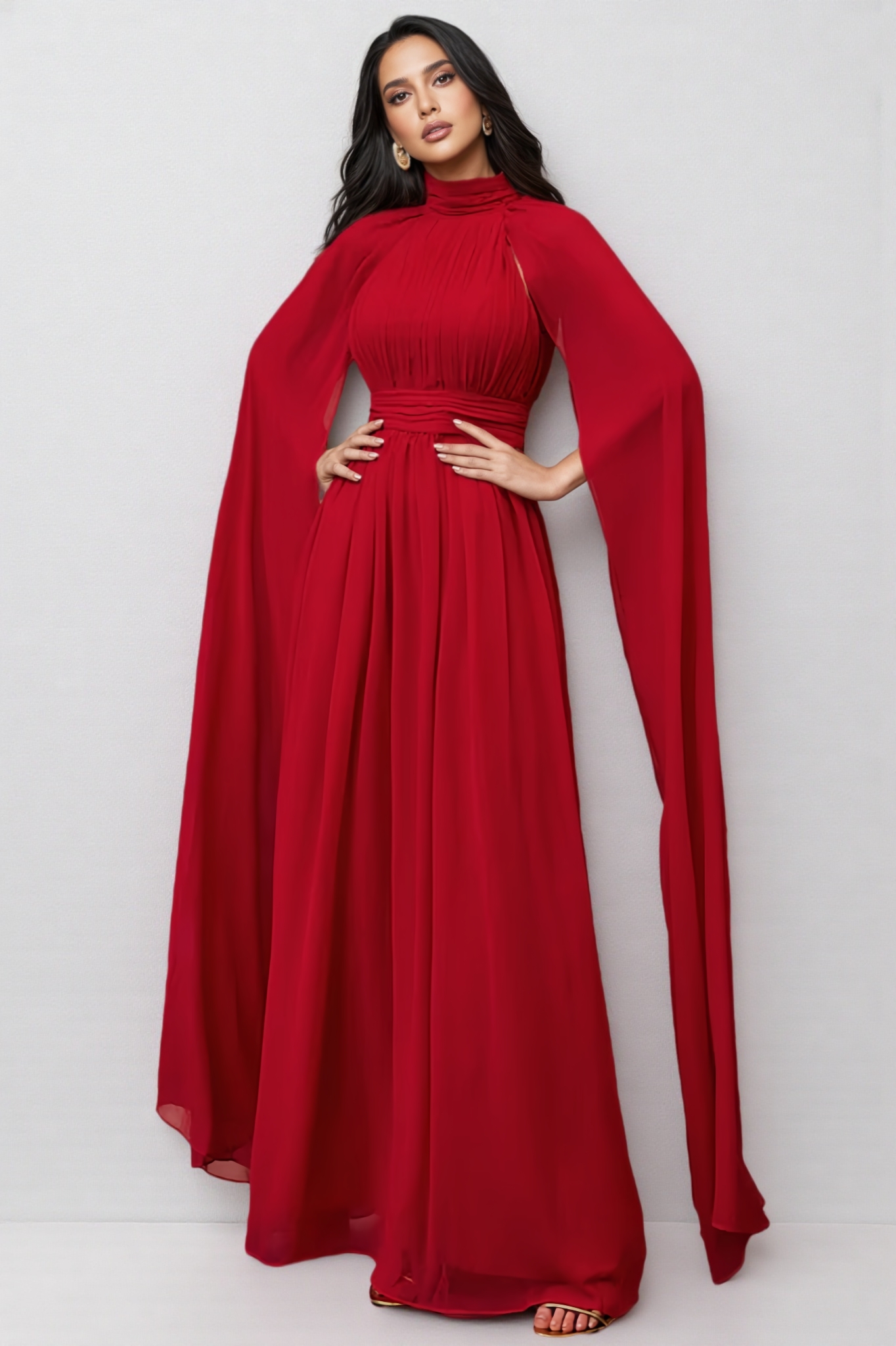 Ilthion Red Cape Sleeve Mesh Maxi Dress