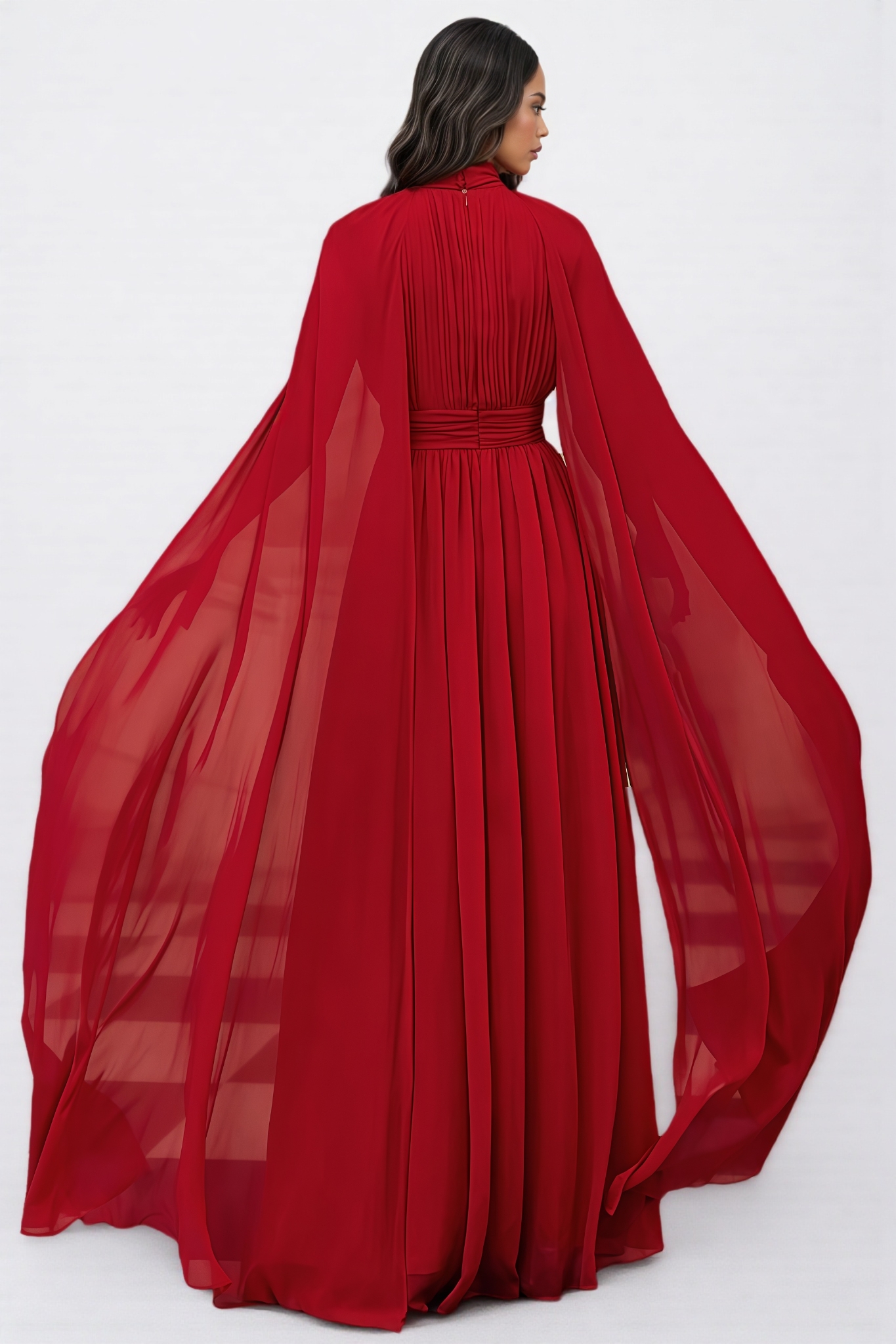 Ilthion Red Cape Sleeve Mesh Maxi Dress