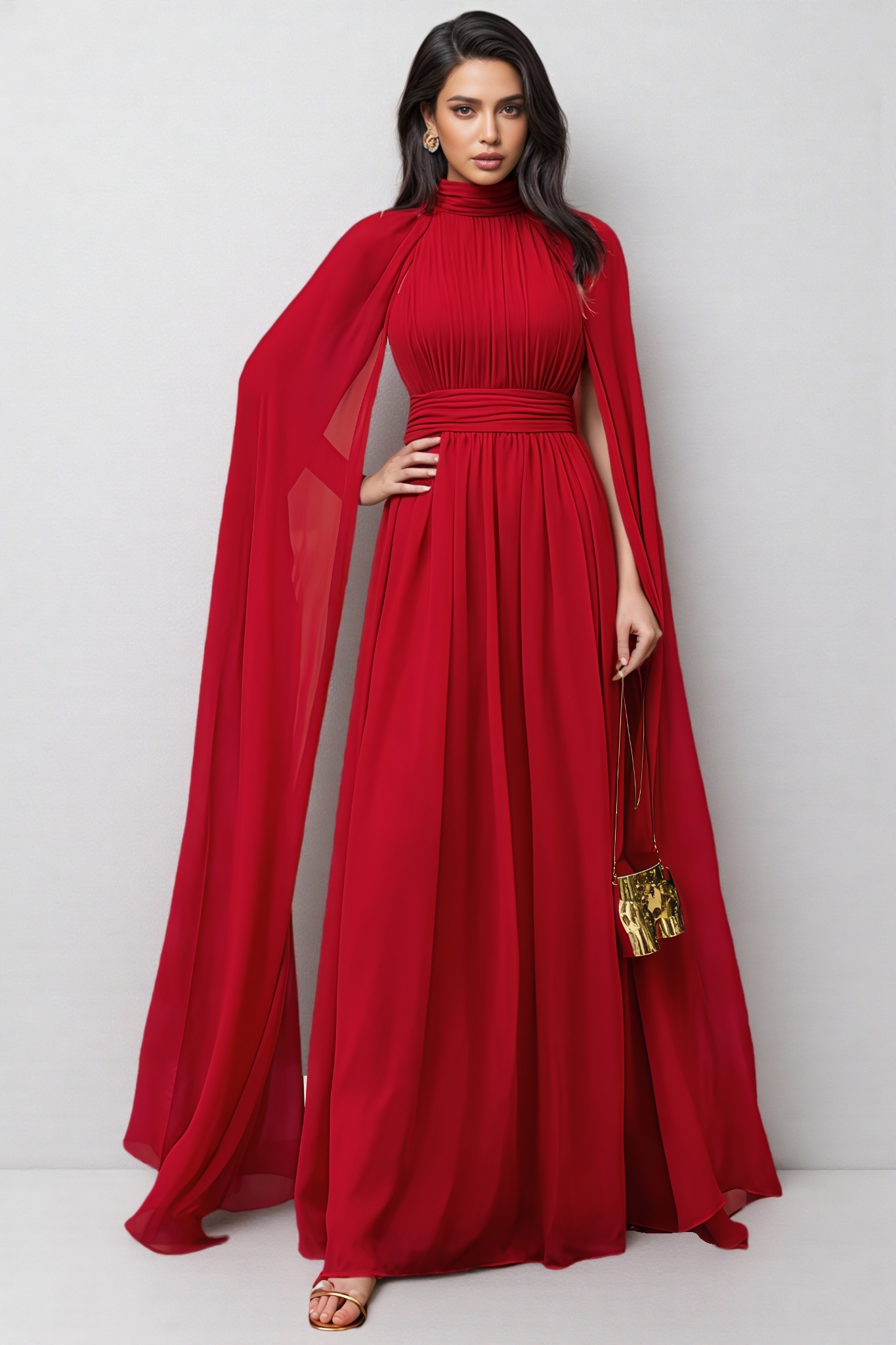 Ilthion Red Cape Sleeve Mesh Maxi Dress
