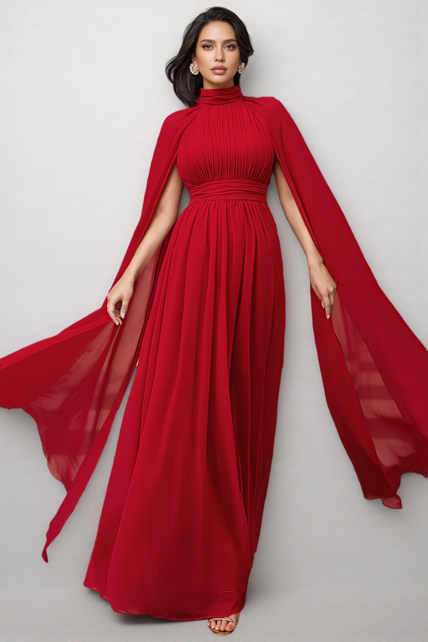 Ilthion Red Cape Sleeve Mesh Maxi Dress